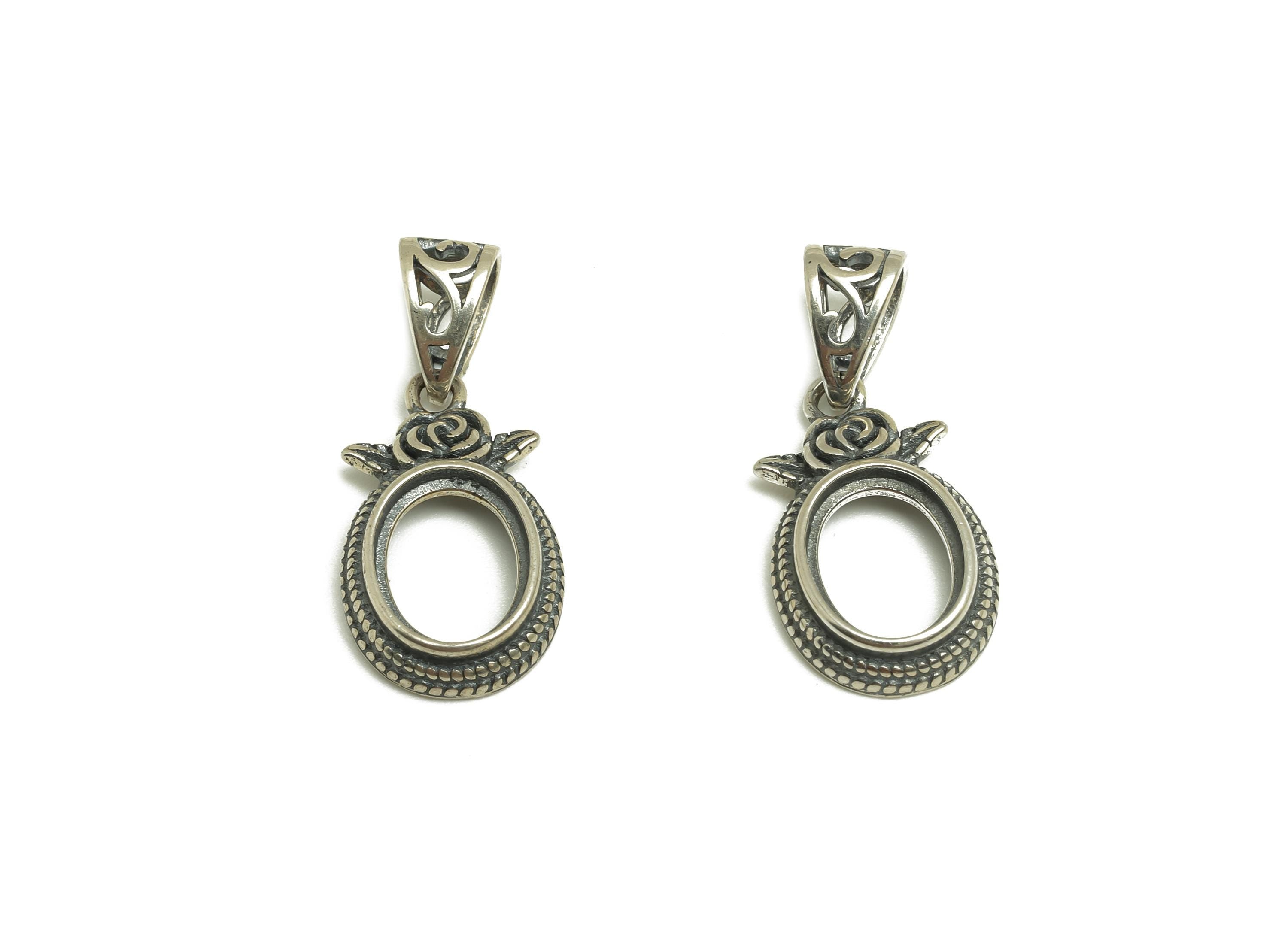 7mm Oval Pendant Setting - Textured Chain Pendant Blank - Rose Blank Pendant - Flower Vintage Pendant - 925 Silver Sterling - RGP7437 - DOMEDBAZAAR
