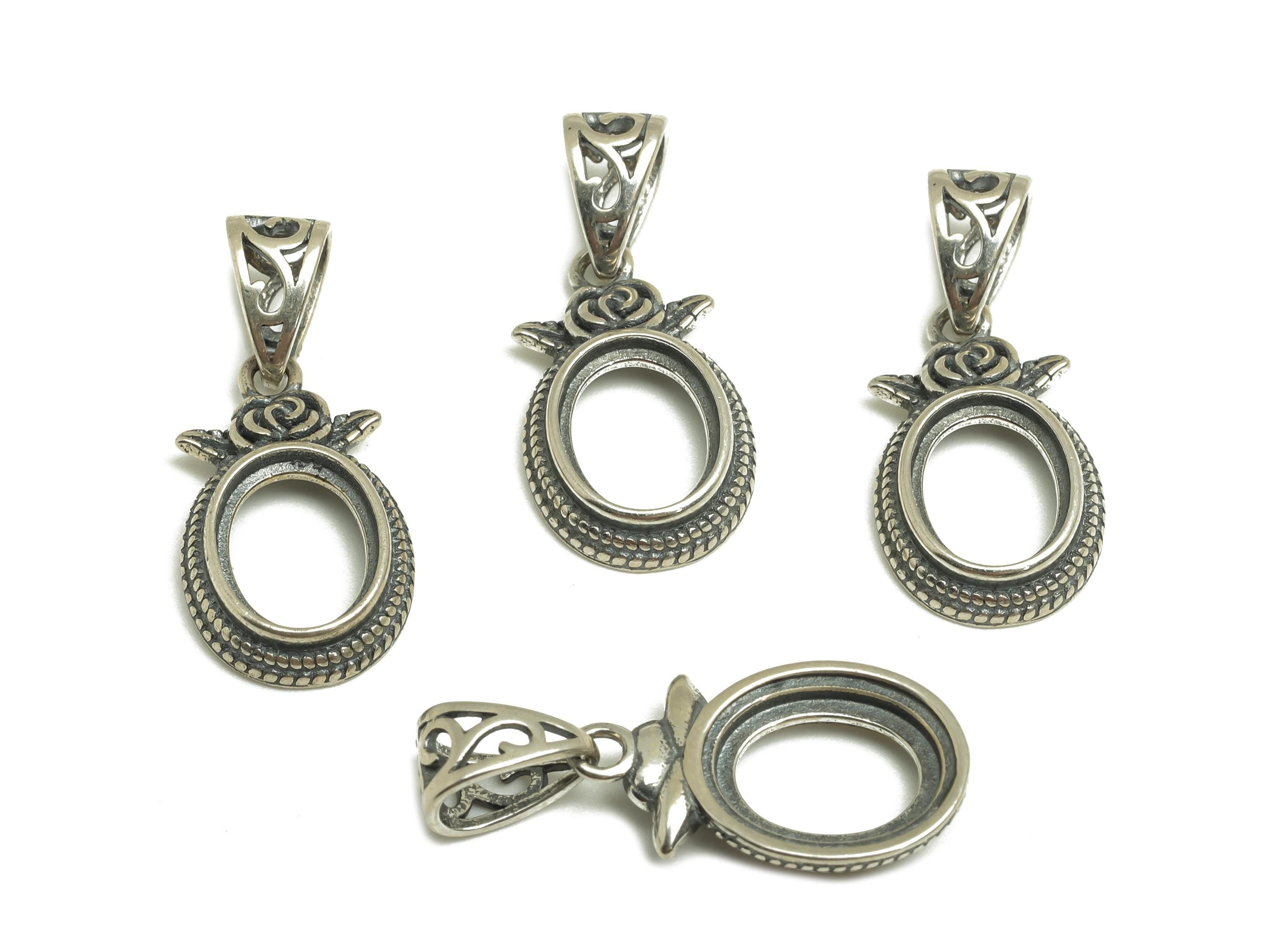 7mm Oval Pendant Setting - Textured Chain Pendant Blank - Rose Blank Pendant - Flower Vintage Pendant - 925 Silver Sterling - RGP7437 - DOMEDBAZAAR