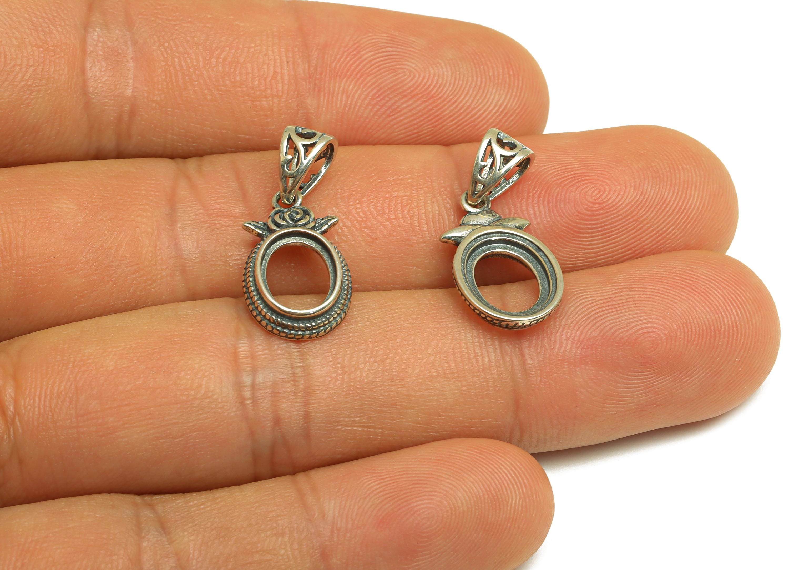 7mm Oval Pendant Setting - Textured Chain Pendant Blank - Rose Blank Pendant - Flower Vintage Pendant - 925 Silver Sterling - RGP7437 - DOMEDBAZAAR