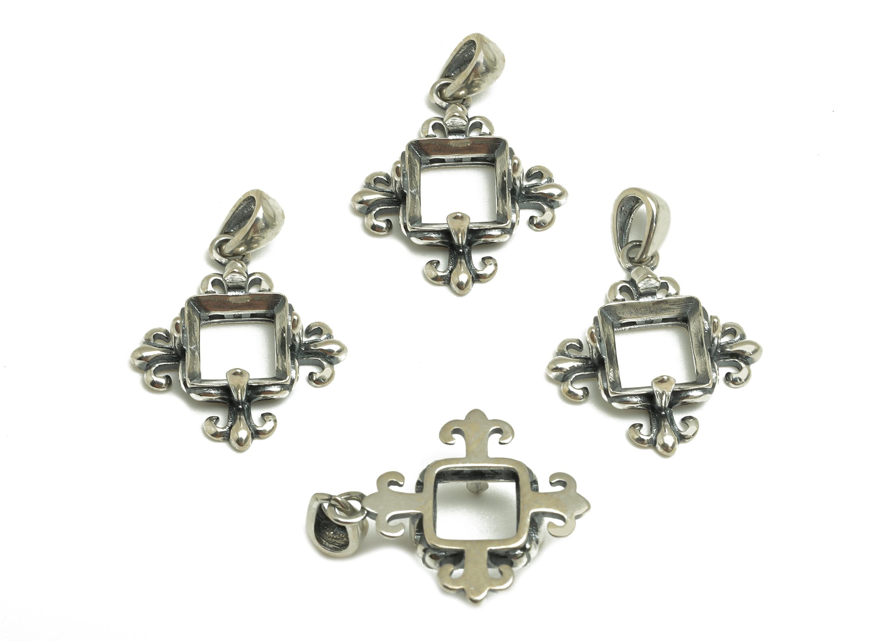 8mm Square Pendant Setting - Antique Looking Pendant Blank - Blank Pendant - Vintage Pendant For Diamond - 925 Silver Sterling - RGP7440 - DOMEDBAZAAR