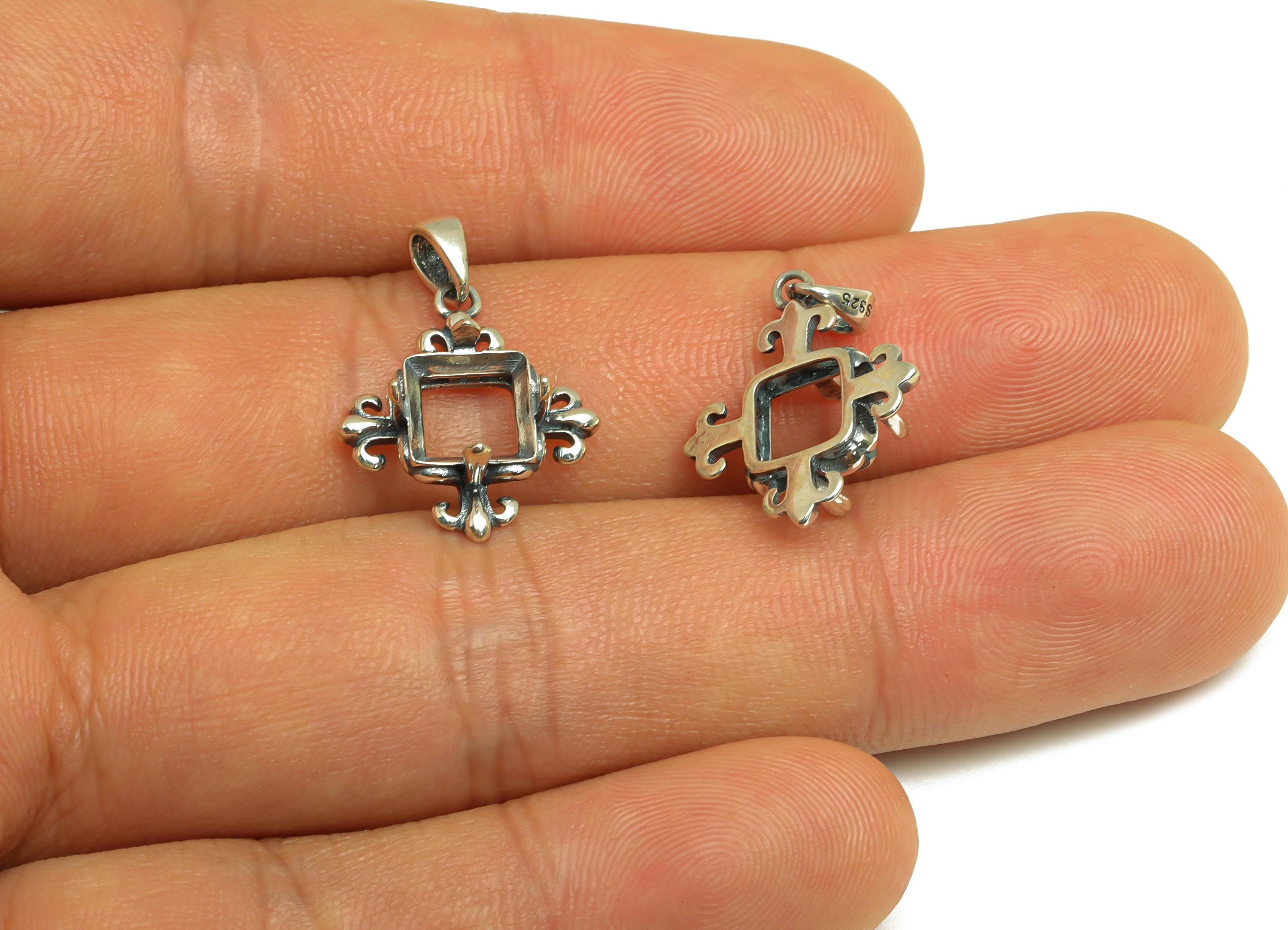 8mm Square Pendant Setting - Antique Looking Pendant Blank - Blank Pendant - Vintage Pendant For Diamond - 925 Silver Sterling - RGP7440 - DOMEDBAZAAR