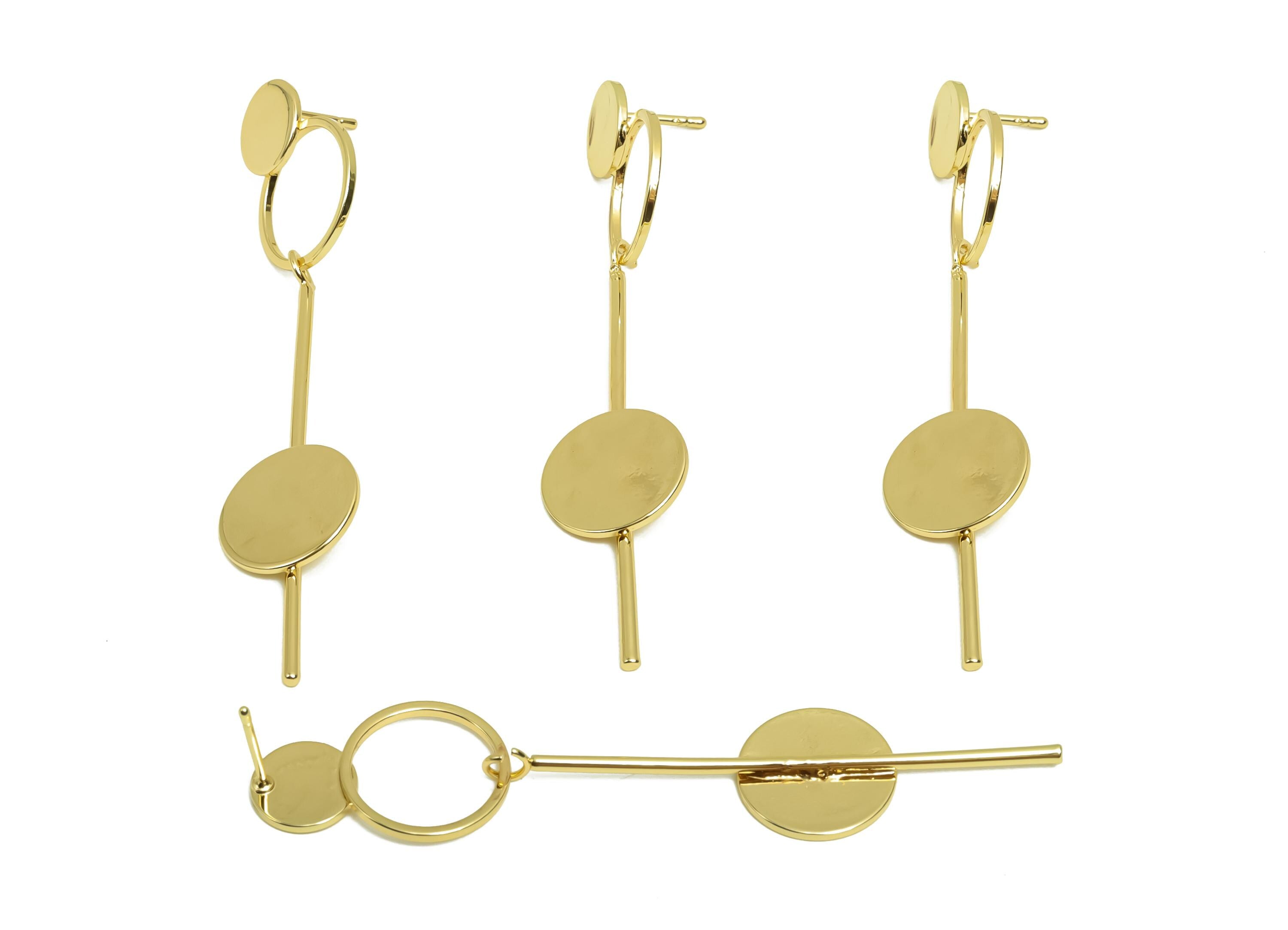 Brass Round Dangle Earring Post - Brass Double Circle Earring Stud - Ring Wire Earring Post  - 18K Real Gold Plating - 70x15x16mm - RGP8013 - DOMEDBAZAAR