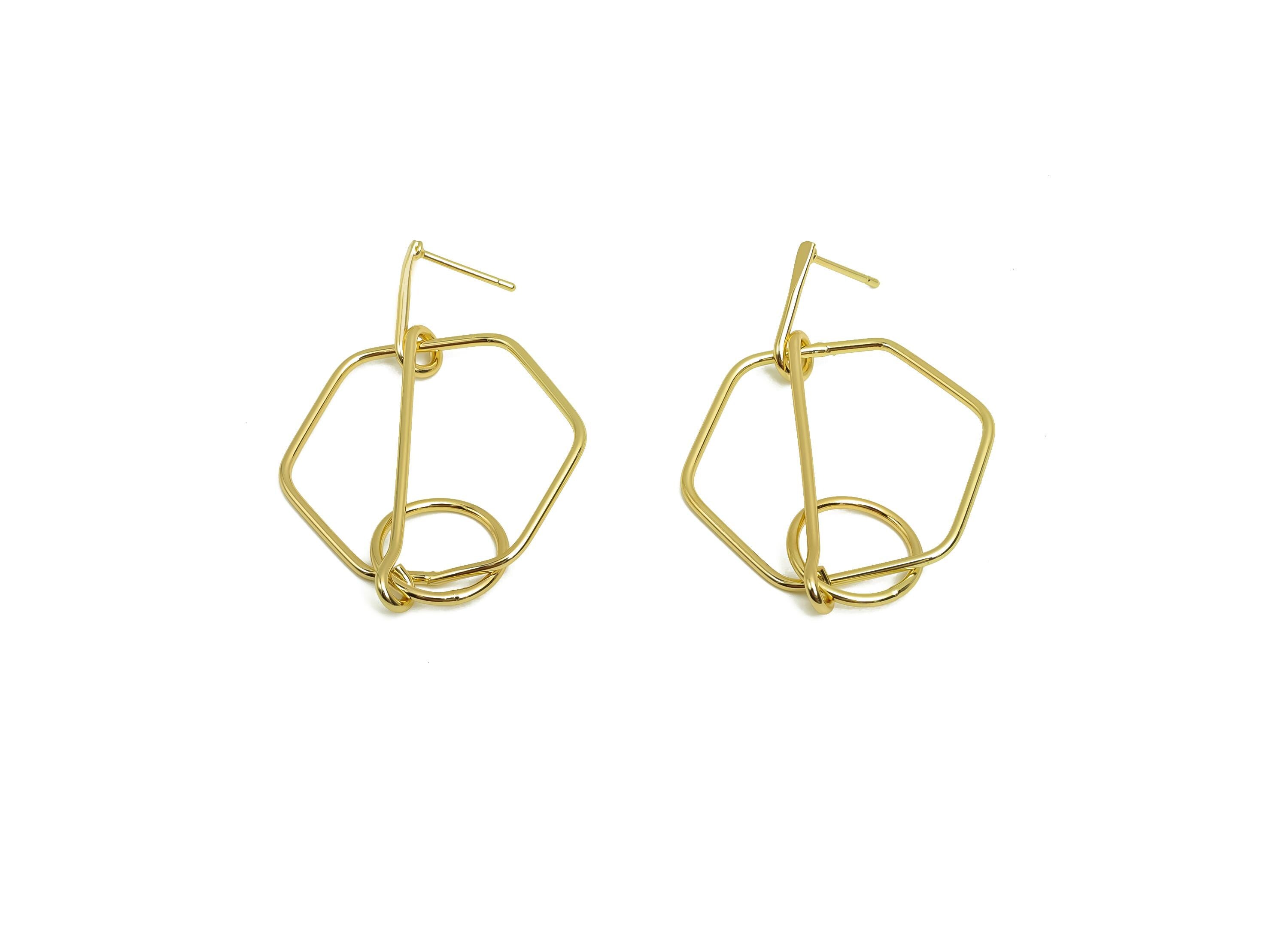 Brass Hammered Earring Post - Brass Dangle Hexagon Earring Stud - Geometry Earring Post  - 18K Real Gold Plating - 49.47x29.26x1mm - RGP8030 - DOMEDBAZAAR