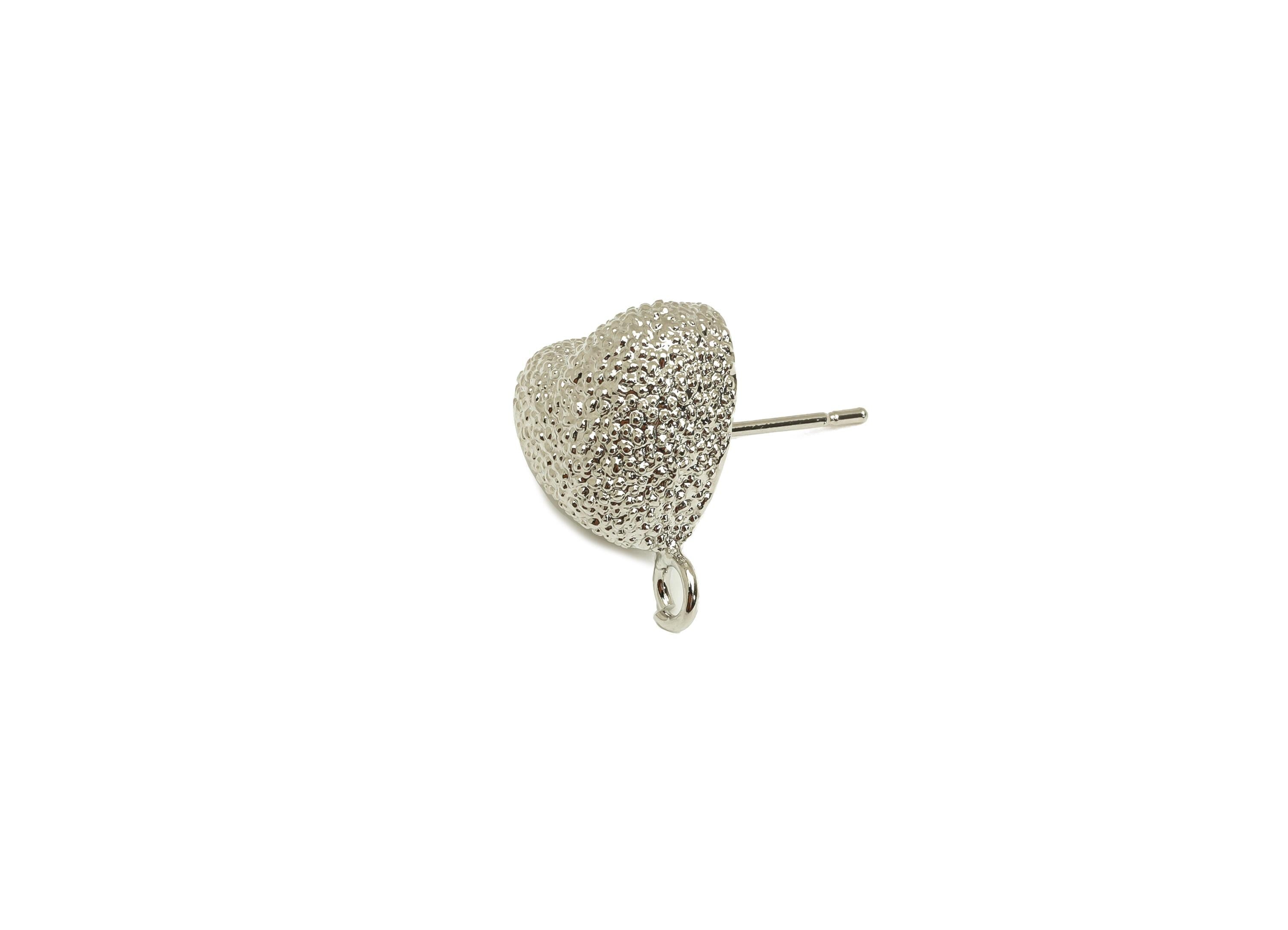 Brass Heart Earring Stud - Textured Heart Earring Post - White Heart Earring Stud - 18K Real White Gold Plated - 18.28x13.67x6.76mm- RGP7736 - DOMEDBAZAAR