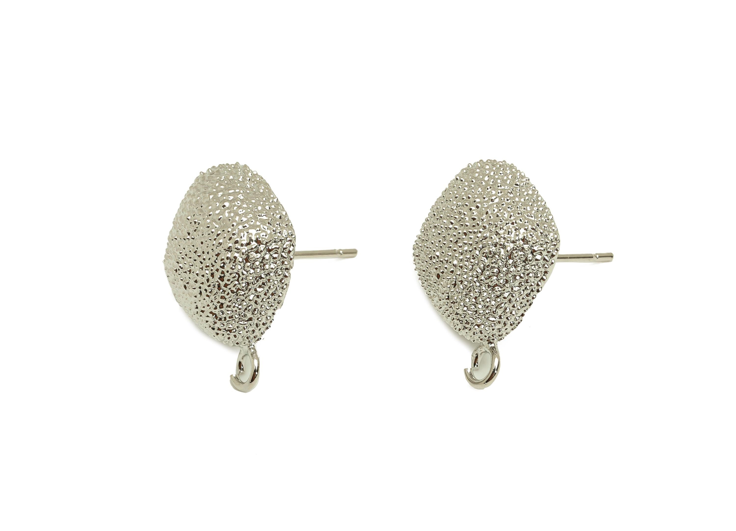 Brass Square Earring Stud - Textured Square Earring Post - White Square Earring - 18K Real White Gold Plated - 18.51x16.36x7.4mm - RGP7737 - DOMEDBAZAAR