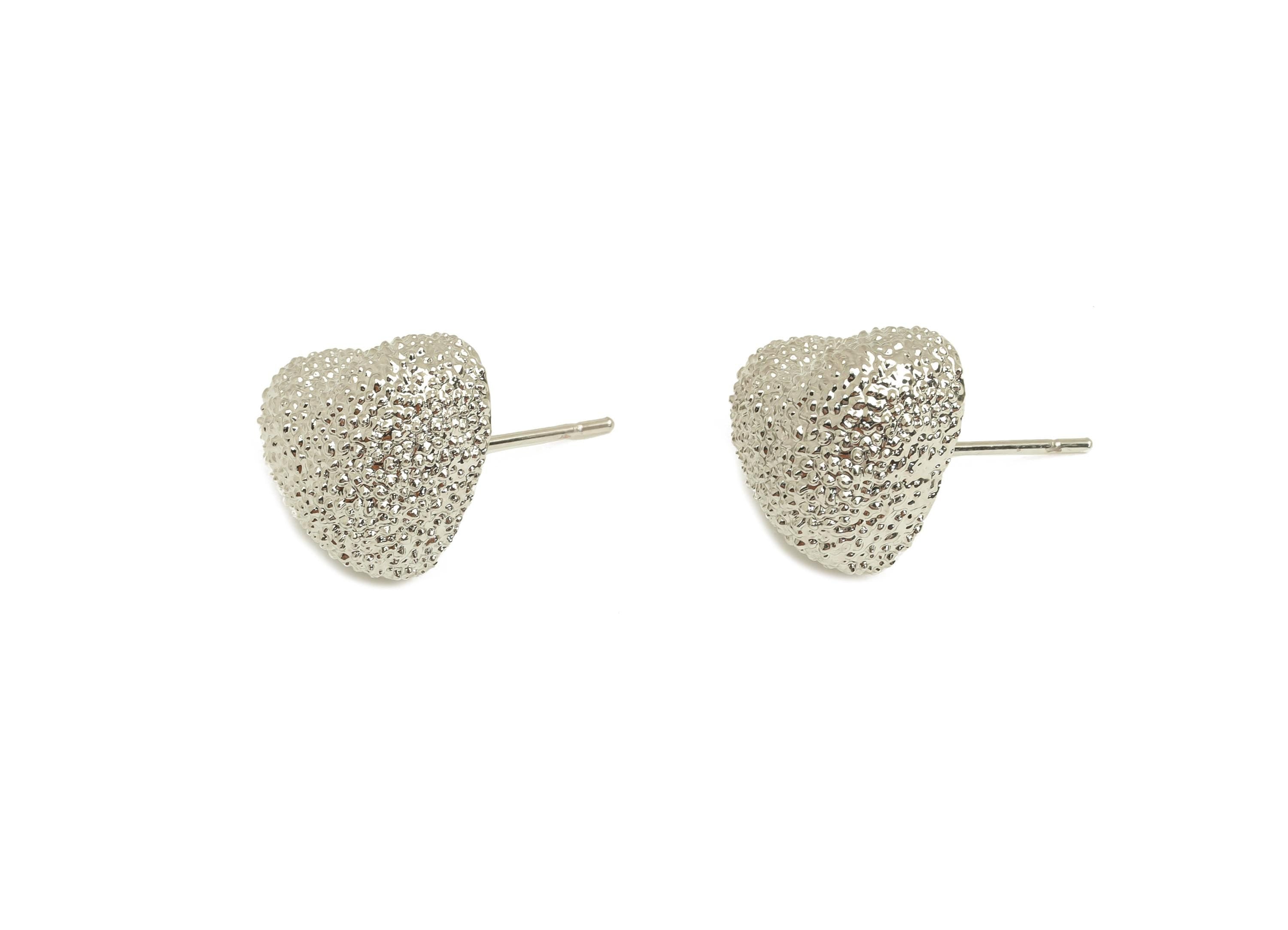 Brass Heart Earring Stud - Textured Heart Earring Post - White Heart Earring Stud - 18K Real White Gold Plated - 18.2x13.72x6.52mm - RGP7738 - DOMEDBAZAAR