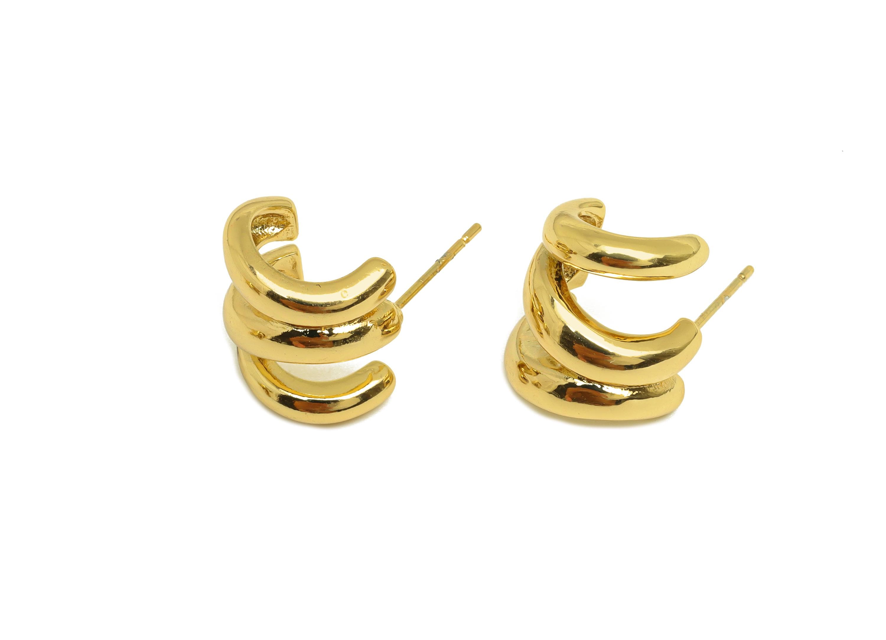 Brass Open Round Earring - Textured C Circle Earring Post - Gold Open Thick Round Ear - 18K Real Gold Plated - 20.8x13.3x14.52mm - RGP7743 - DOMEDBAZAAR