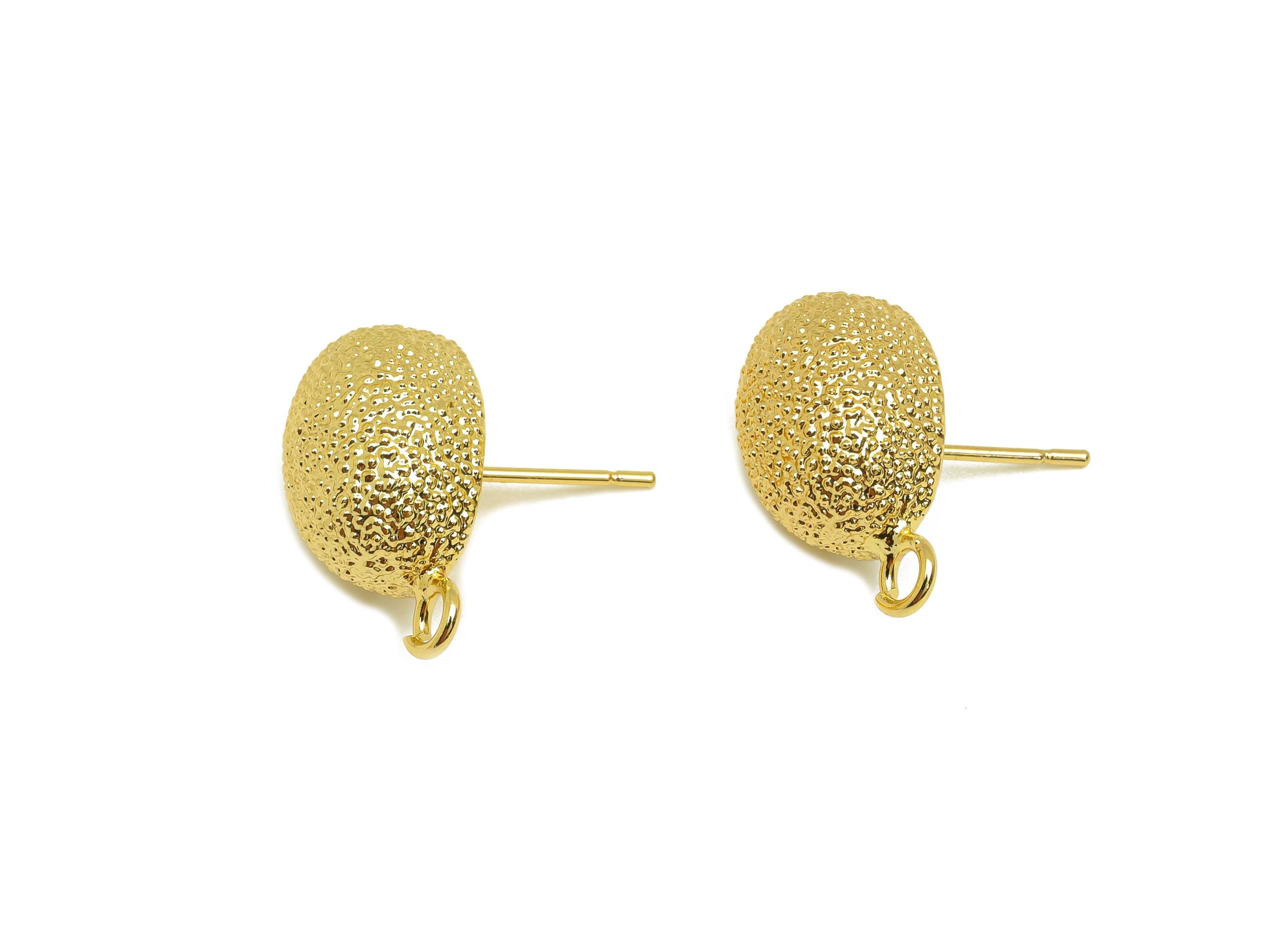 Brass Oval Earring Stud - Textured Oval Earring Post - Gold Textured Oval Earring Stud - 18K Real Gold Plated - 18.65x10.71x7.47mm - RGP7745 - DOMEDBAZAAR