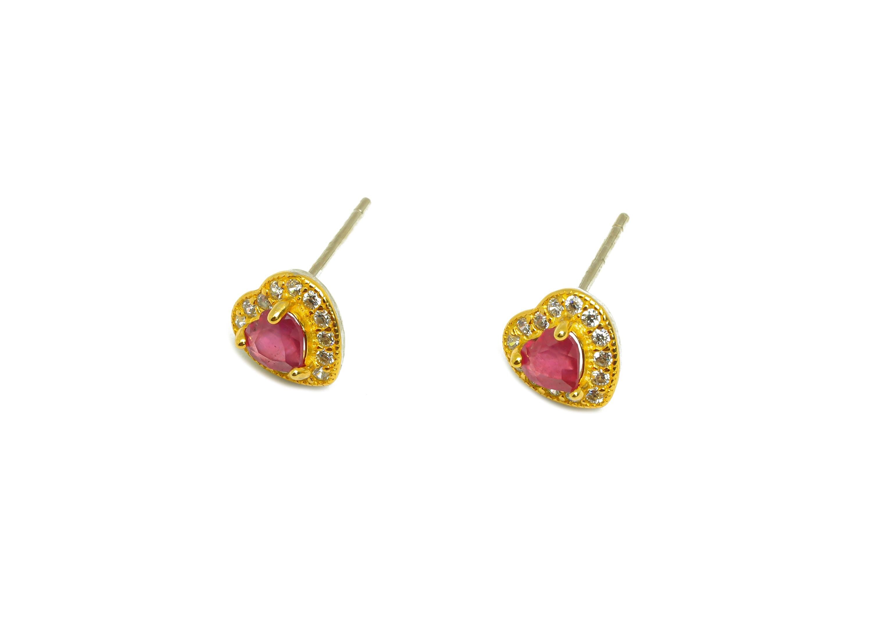 Ruby Gemstone Earring Post - Silver Heart Ruby Earring Stud - Zircon Heart Earring Post - 18K Real Gold Plated Silver - 14.6x7x3mm - RGP7364 - DOMEDBAZAAR