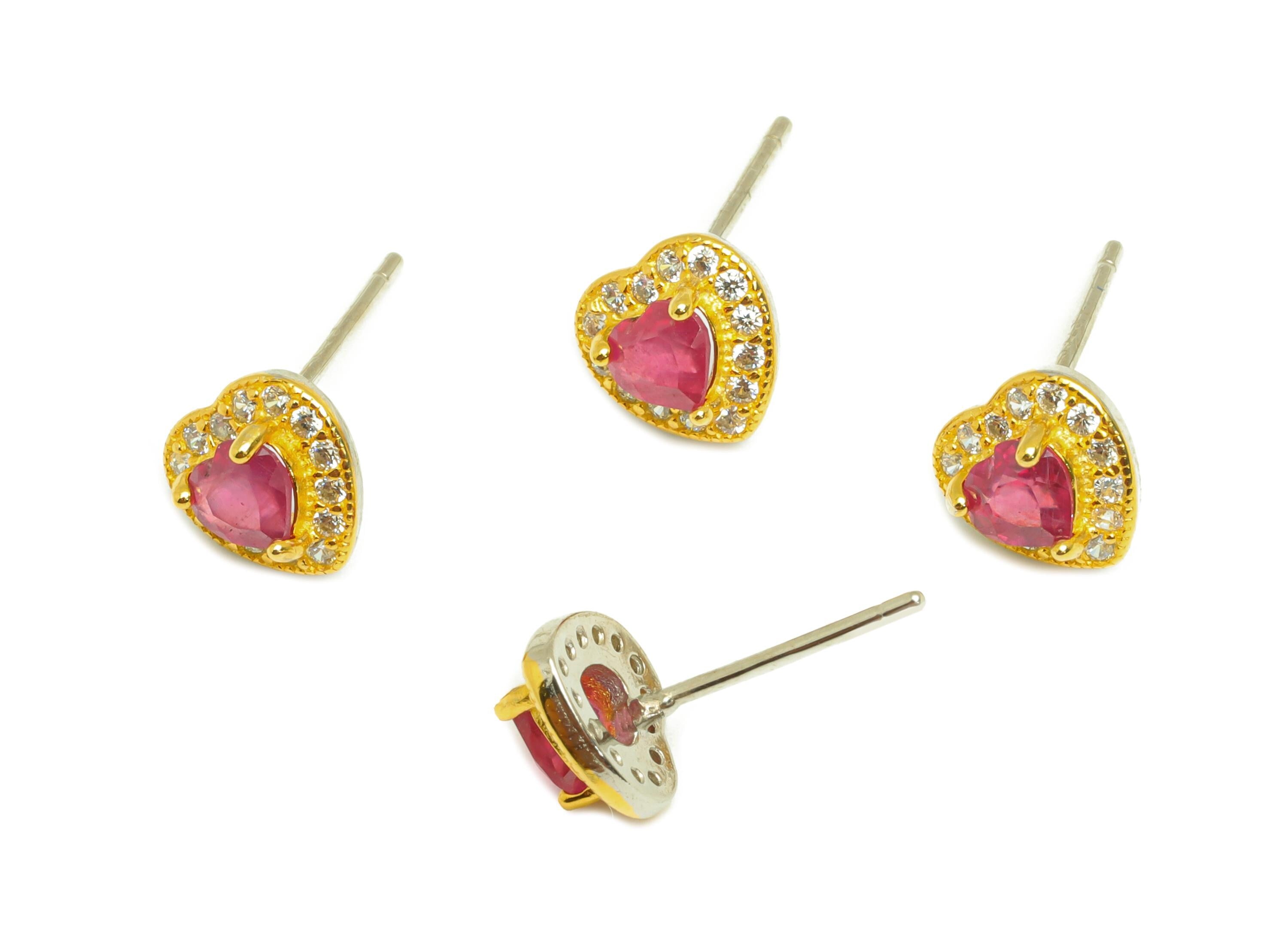 Ruby Gemstone Earring Post - Silver Heart Ruby Earring Stud - Zircon Heart Earring Post - 18K Real Gold Plated Silver - 14.6x7x3mm - RGP7364 - DOMEDBAZAAR