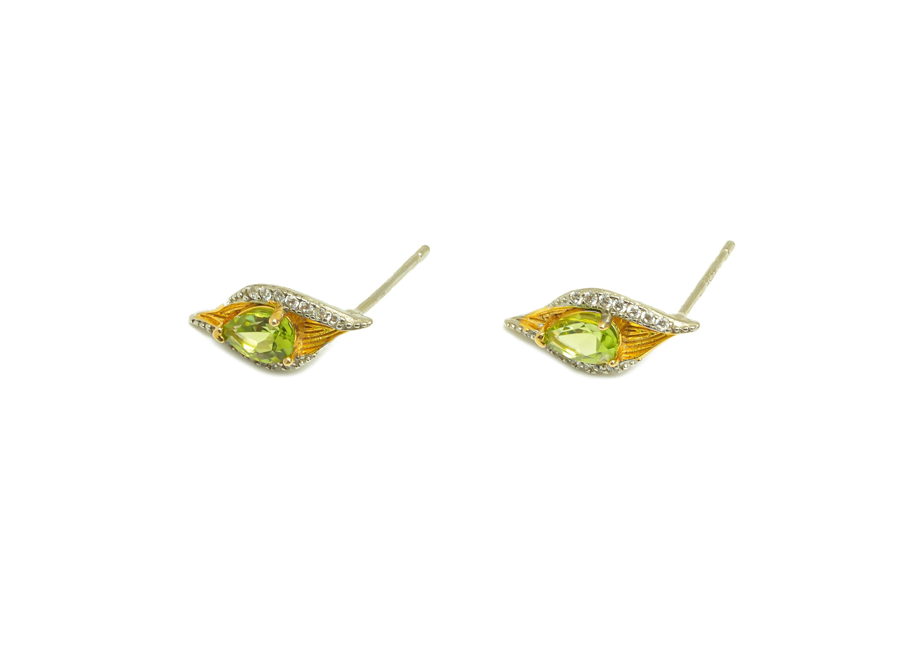 Peridot Gemstone Earring Post - Silver Teardrop Olives Earring Stud - Zircon Earring Post - 18K Real Gold Plated Silver -15x6x4mm - RGP7362 - DOMEDBAZAAR