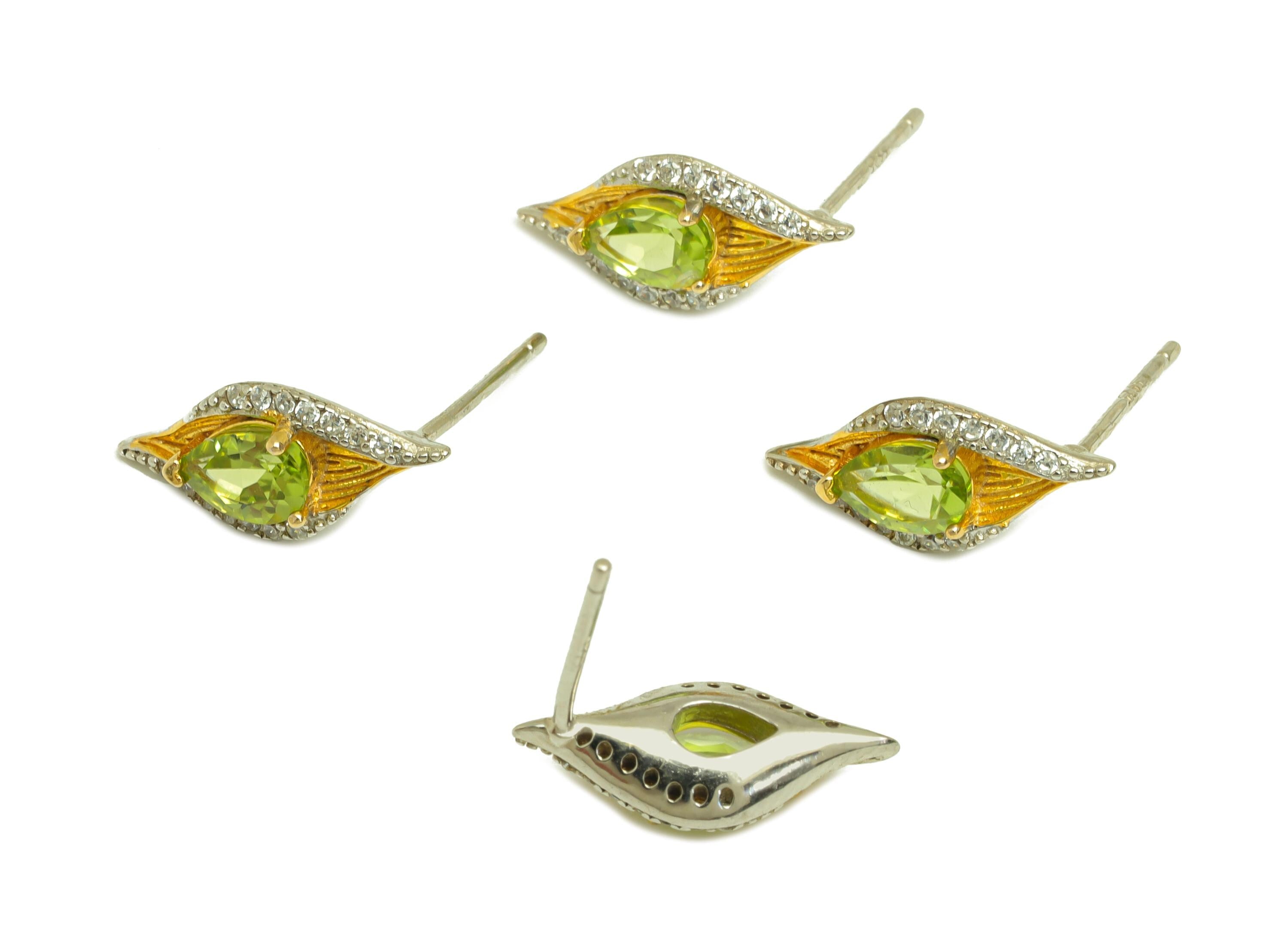 Peridot Gemstone Earring Post - Silver Teardrop Olives Earring Stud - Zircon Earring Post - 18K Real Gold Plated Silver -15x6x4mm - RGP7362 - DOMEDBAZAAR