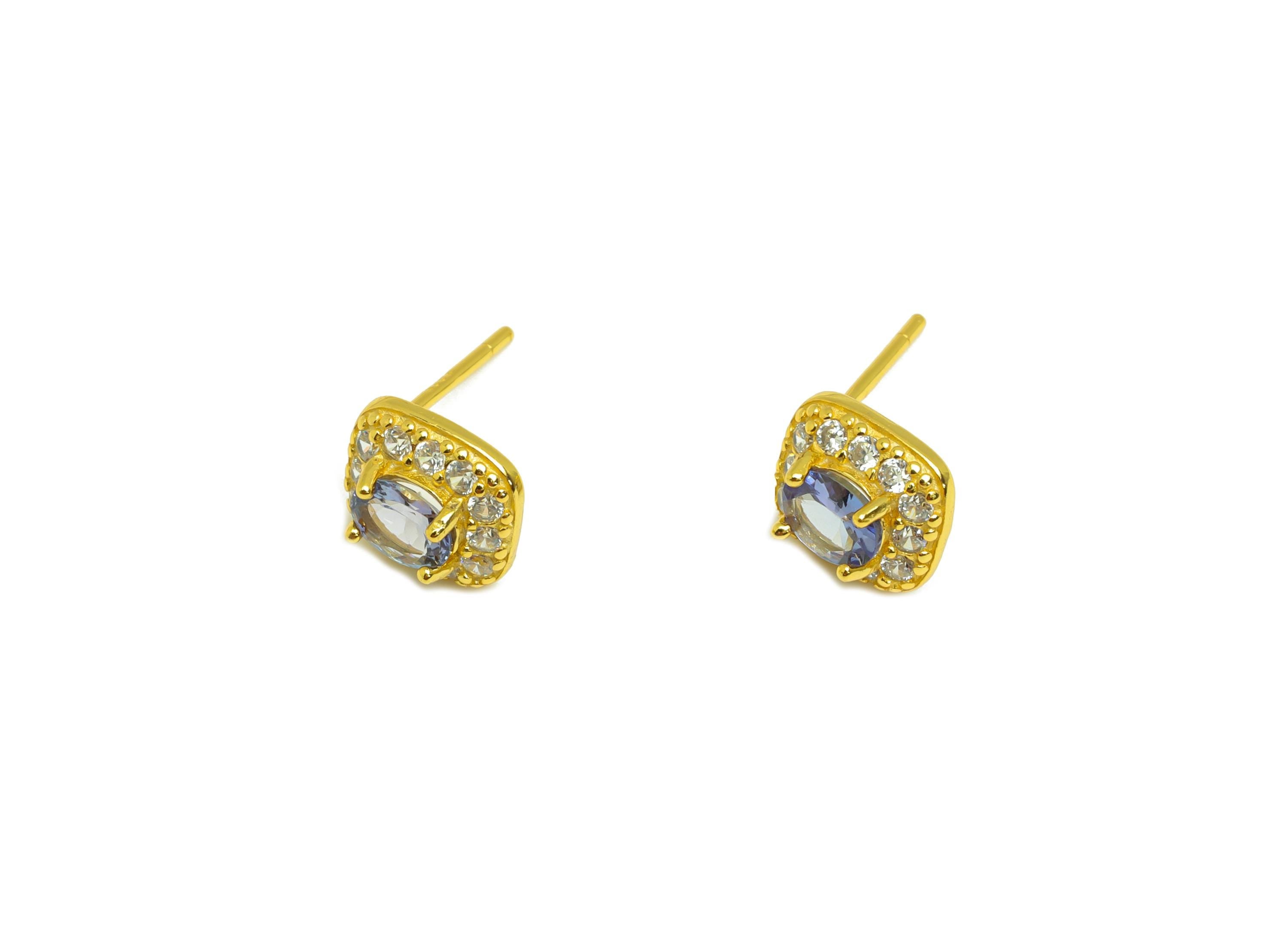 Tanzanite Gemstone Earring Post - Silver Tanzanite Earring Stud - Zircon Vintage Post - 18K Real Gold Plated Silver - 15x8x4mm - RGP7361 - DOMEDBAZAAR
