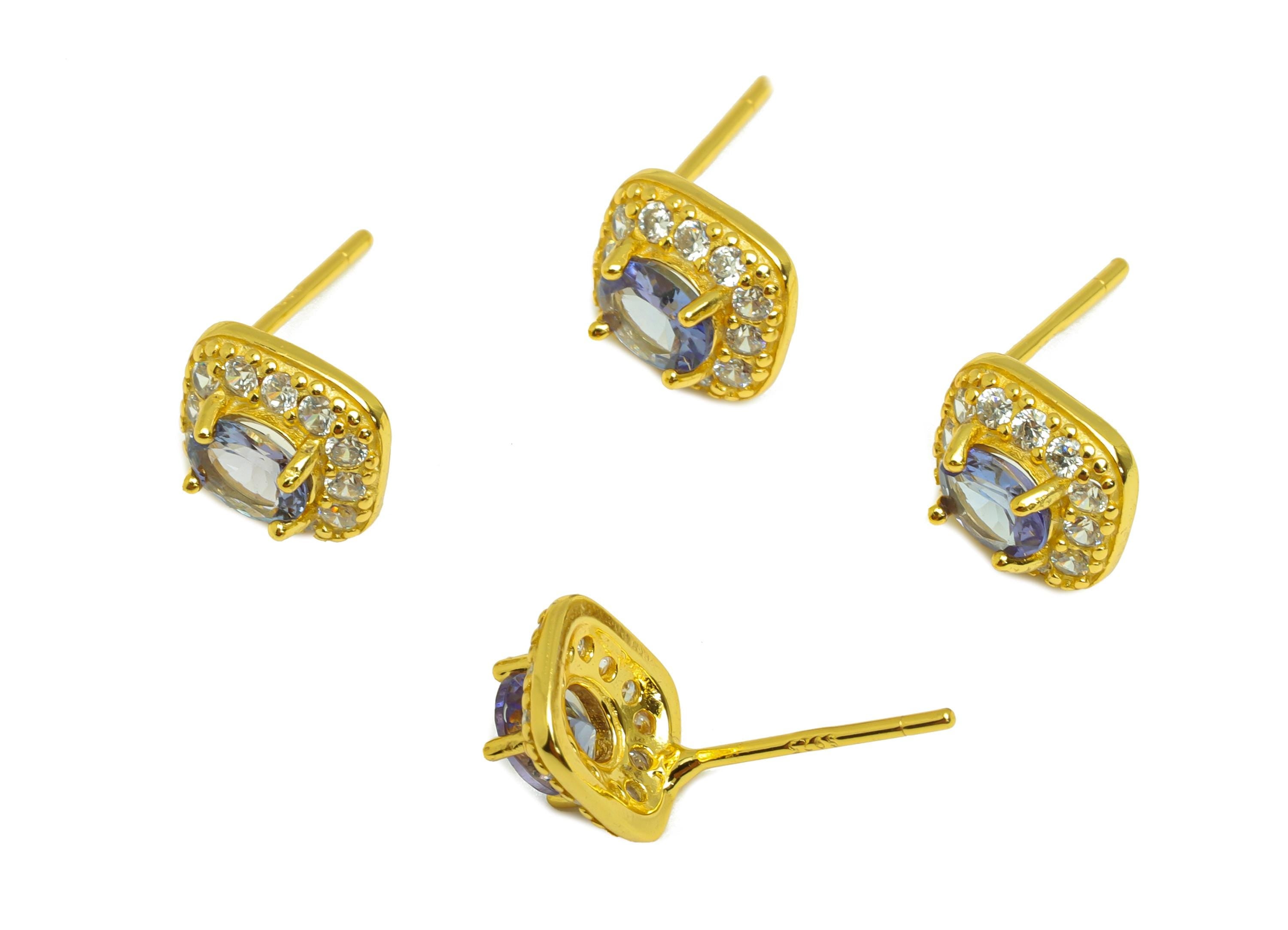 Tanzanite Gemstone Earring Post - Silver Tanzanite Earring Stud - Zircon Vintage Post - 18K Real Gold Plated Silver - 15x8x4mm - RGP7361 - DOMEDBAZAAR