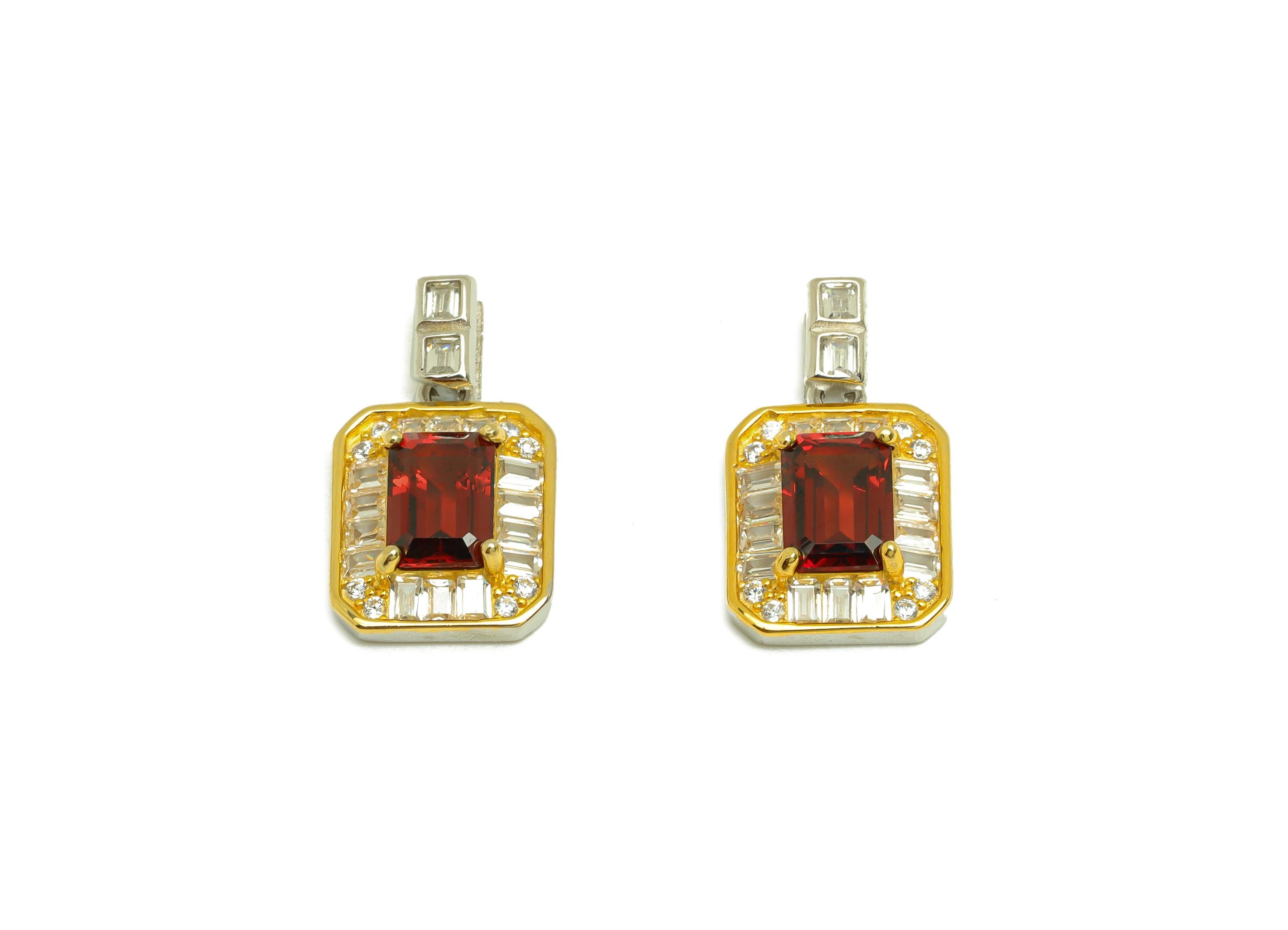 Garnet Rectangle Earring Charm - Silver Garnet Pendant - Zircon Rectangle Garnet Pendant - 18K Real Gold Plated Silver -17x10x4mm - RGP7363 - DOMEDBAZAAR