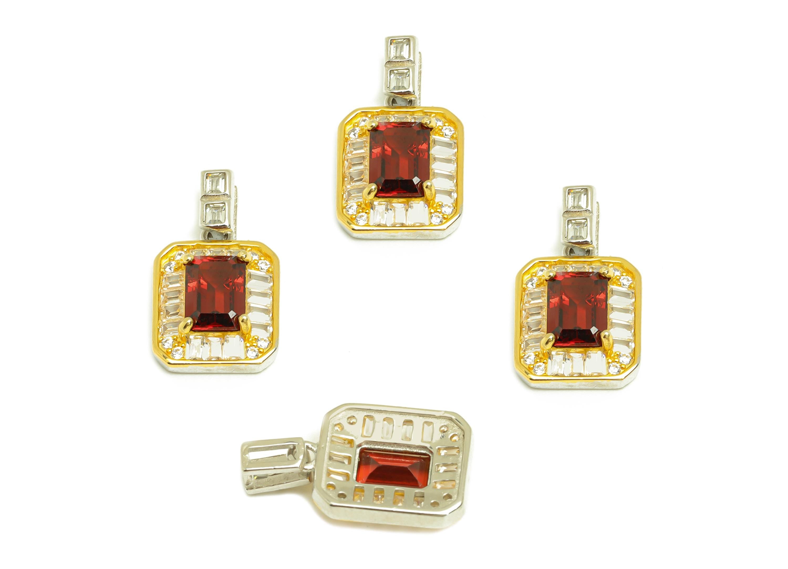 Garnet Rectangle Earring Charm - Silver Garnet Pendant - Zircon Rectangle Garnet Pendant - 18K Real Gold Plated Silver -17x10x4mm - RGP7363 - DOMEDBAZAAR