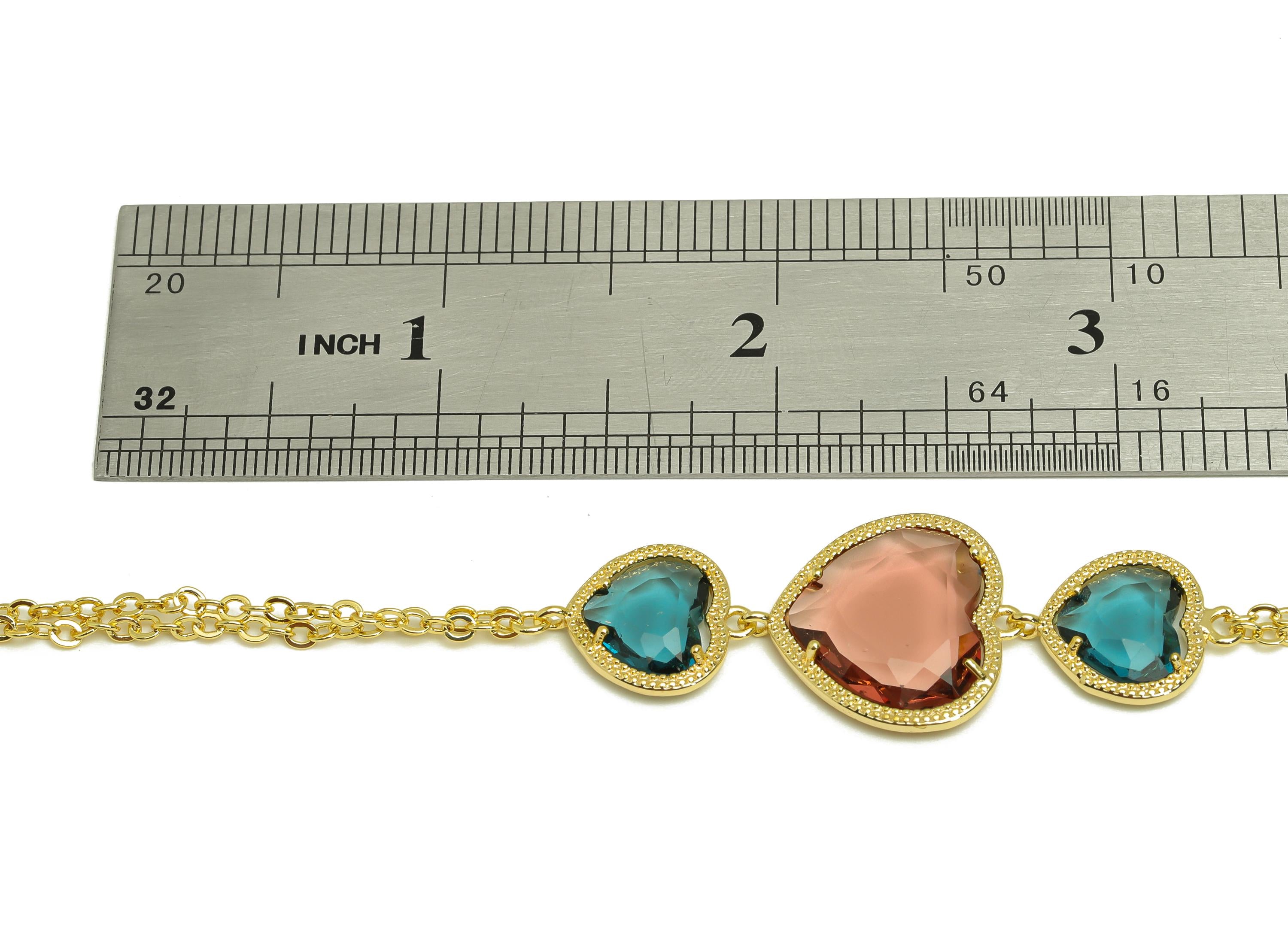 21cm Heart Bracelet - Brass Rainbow Heart Bracelet - Brass Cubic Zircon Heart Bracelet - 18K Real Gold Plating - 210x18.6x3.52mm - RGP7355F - DOMEDBAZAAR