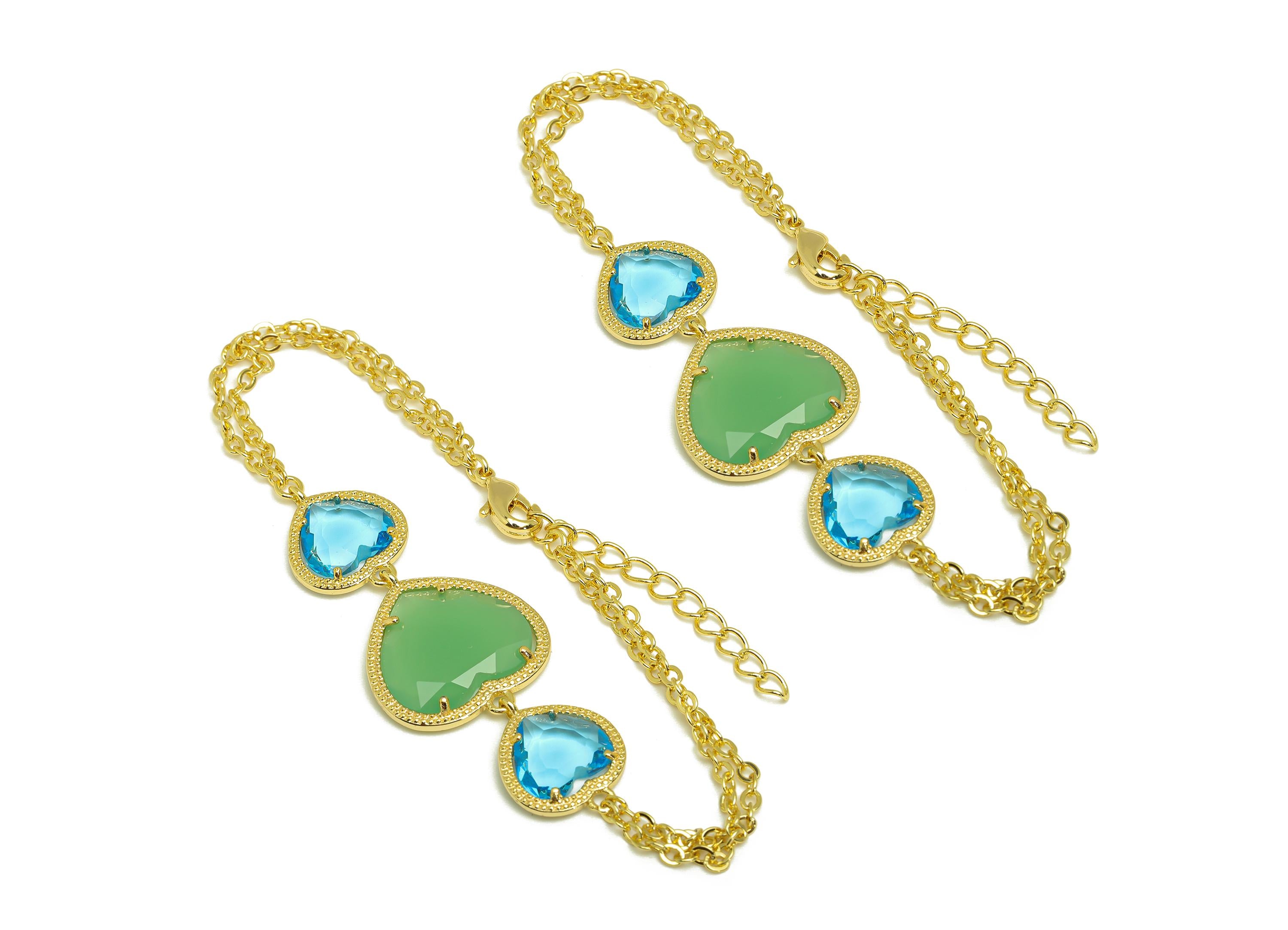21cm Heart Bracelet - Brass Green Heart Bracelet - Brass Blue Cubic Zircon Heart Bracelet - 18K Real Gold Plating - 210x18x3mm - RGP7355A - DOMEDBAZAAR