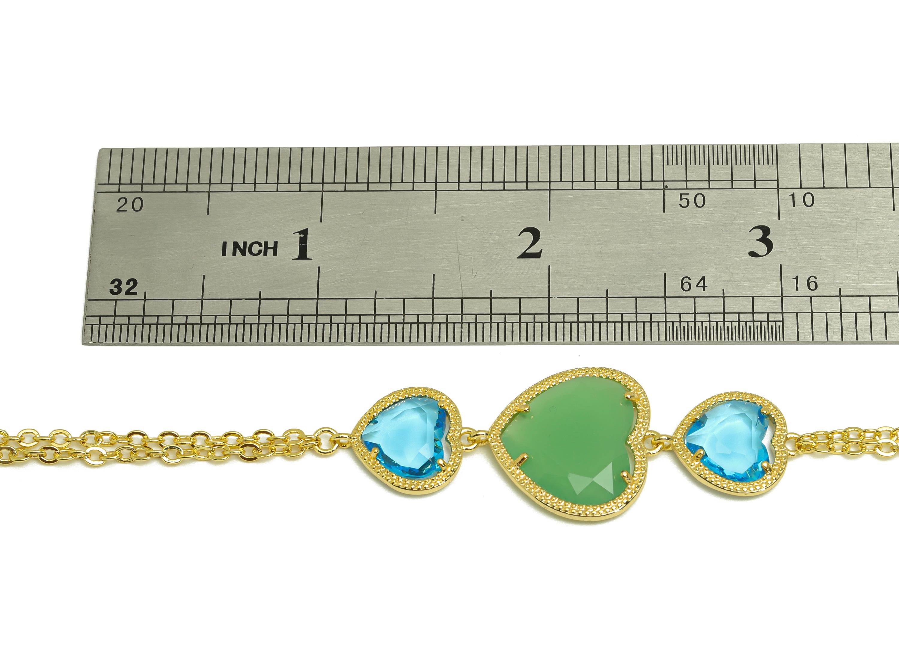 21cm Heart Bracelet - Brass Green Heart Bracelet - Brass Blue Cubic Zircon Heart Bracelet - 18K Real Gold Plating - 210x18x3mm - RGP7355A - DOMEDBAZAAR