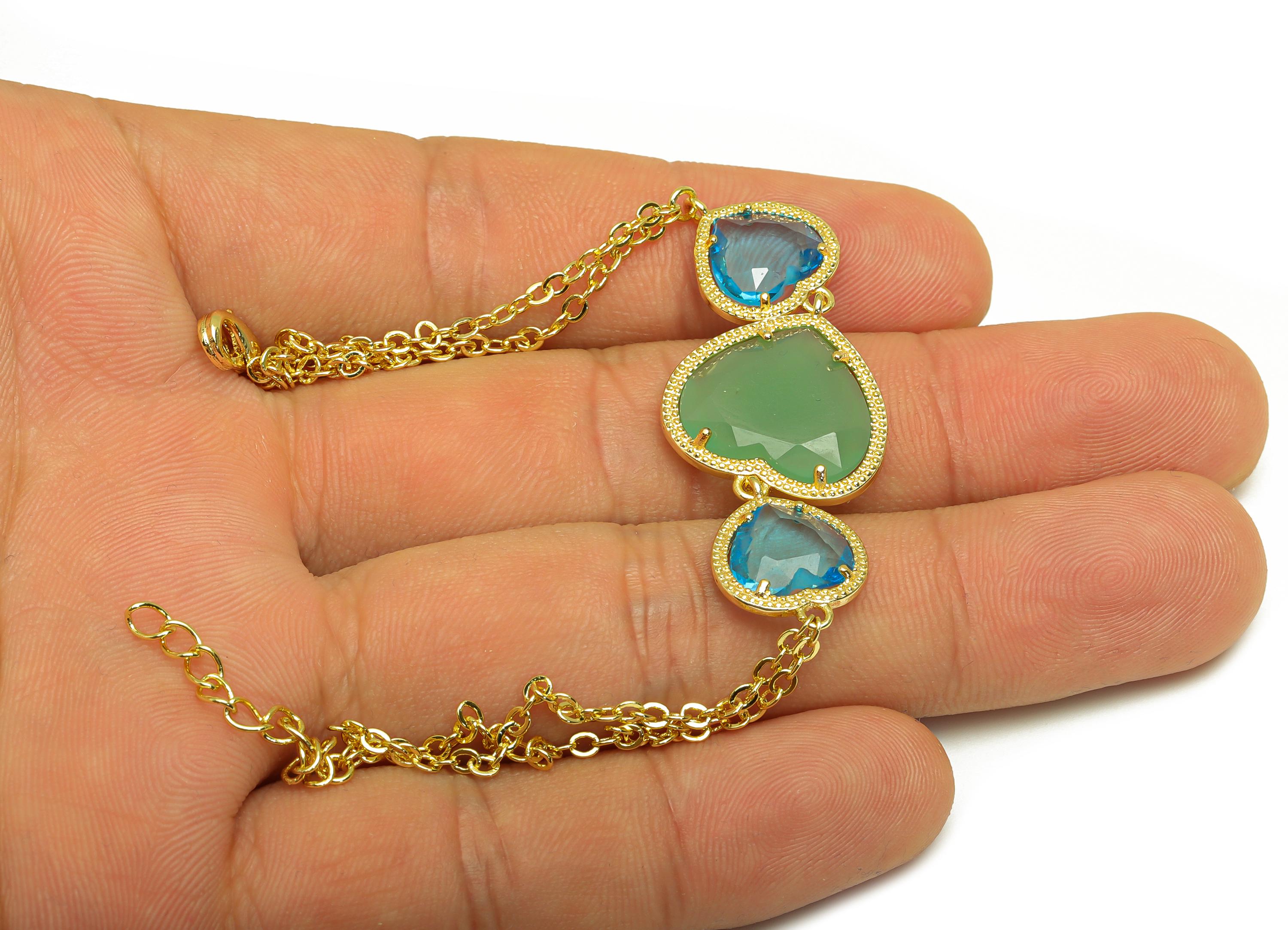 21cm Heart Bracelet - Brass Green Heart Bracelet - Brass Blue Cubic Zircon Heart Bracelet - 18K Real Gold Plating - 210x18x3mm - RGP7355A - DOMEDBAZAAR