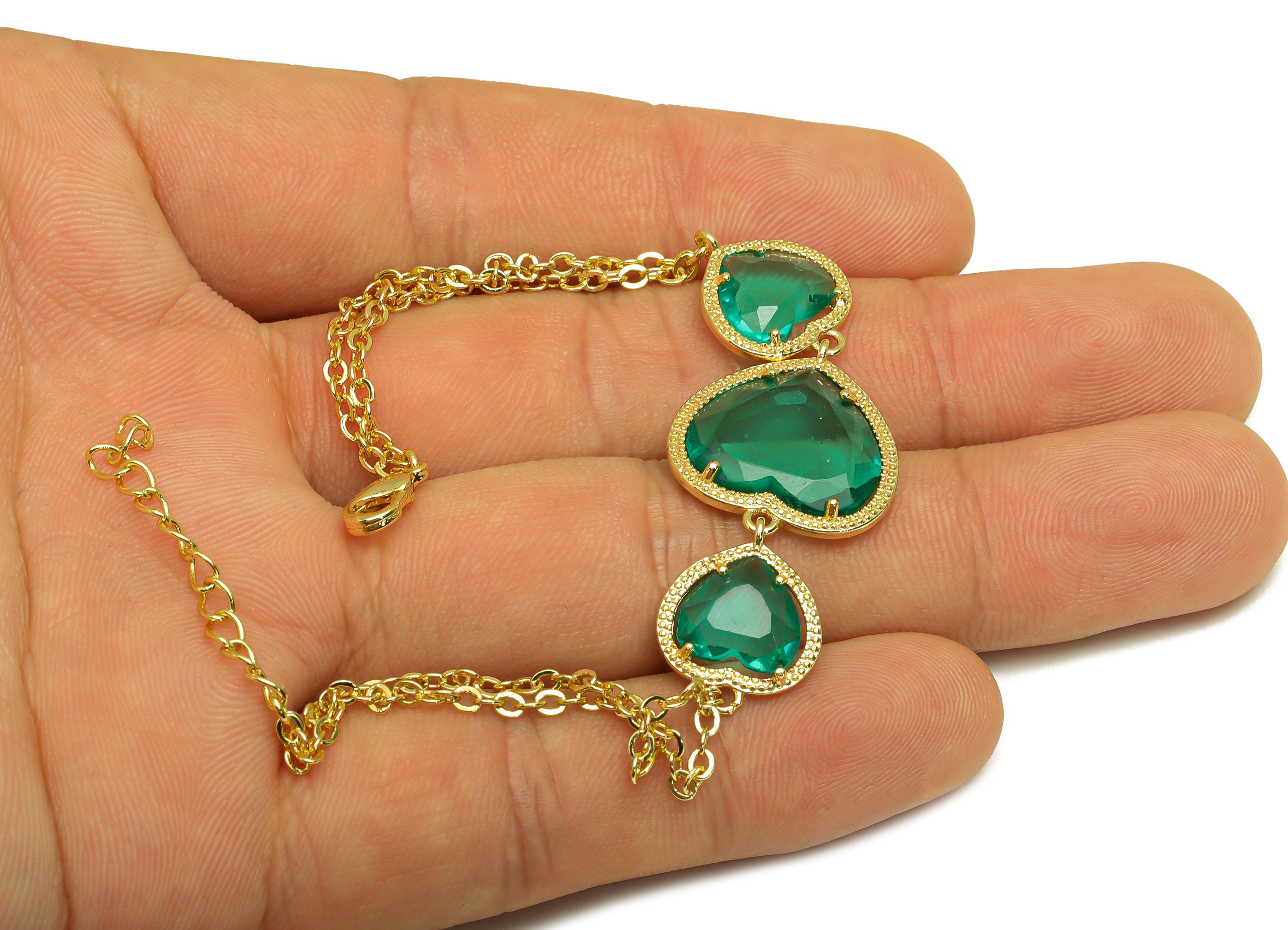 21cm Heart Bracelet - Brass Tiffany Blue Heart Bracelet - Brass Cubic Zircon Heart Bracelet - 18K Real Gold Plating - 210x18x3mm - RGP7355E - DOMEDBAZAAR