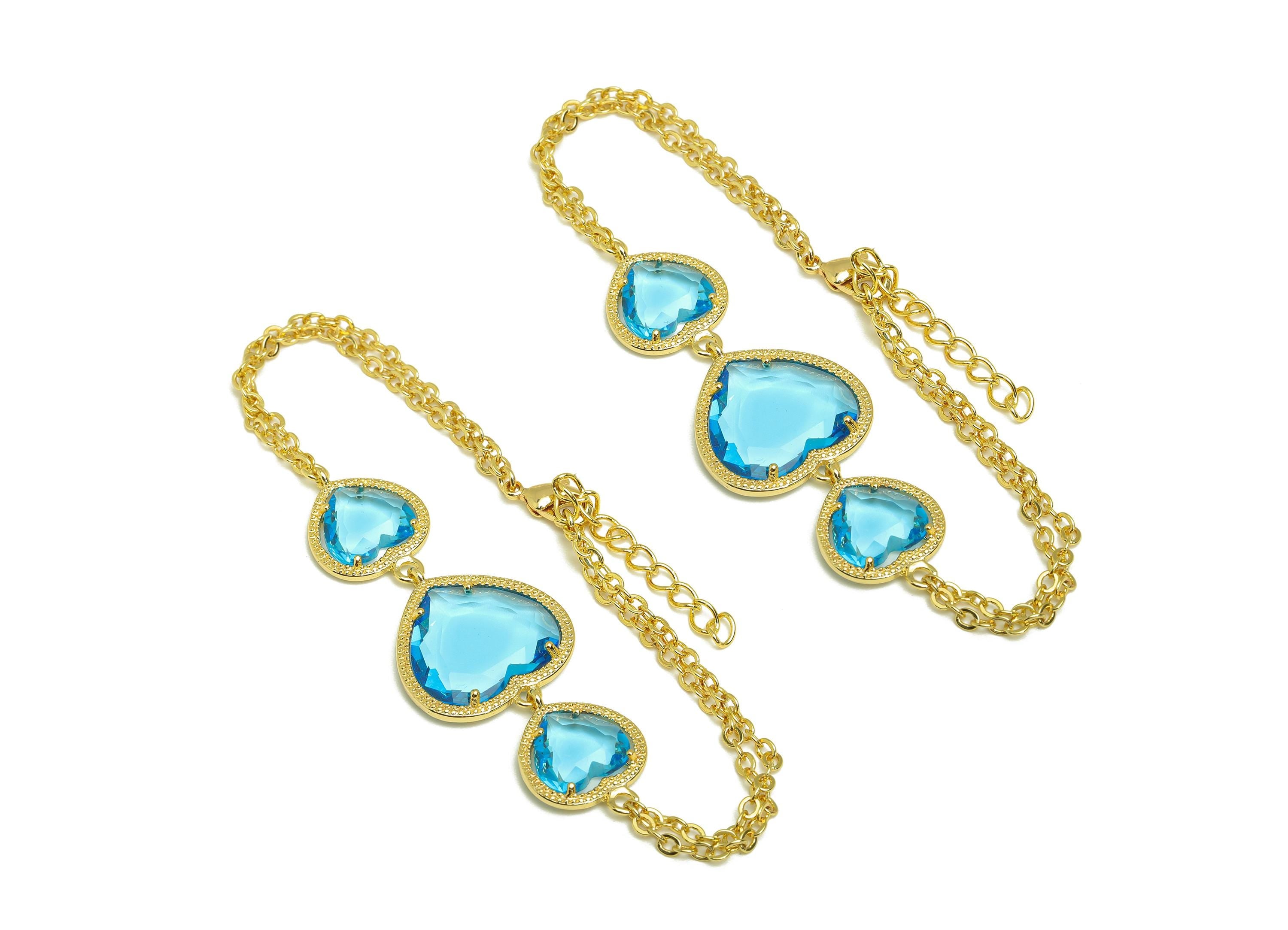 21cm Heart Bracelet - Brass Crystal Blue Heart Bracelet - Brass Cubic Zircon Heart Bracelet - 18K Real Gold Plating - 210x18x3mm - RGP7355B - DOMEDBAZAAR