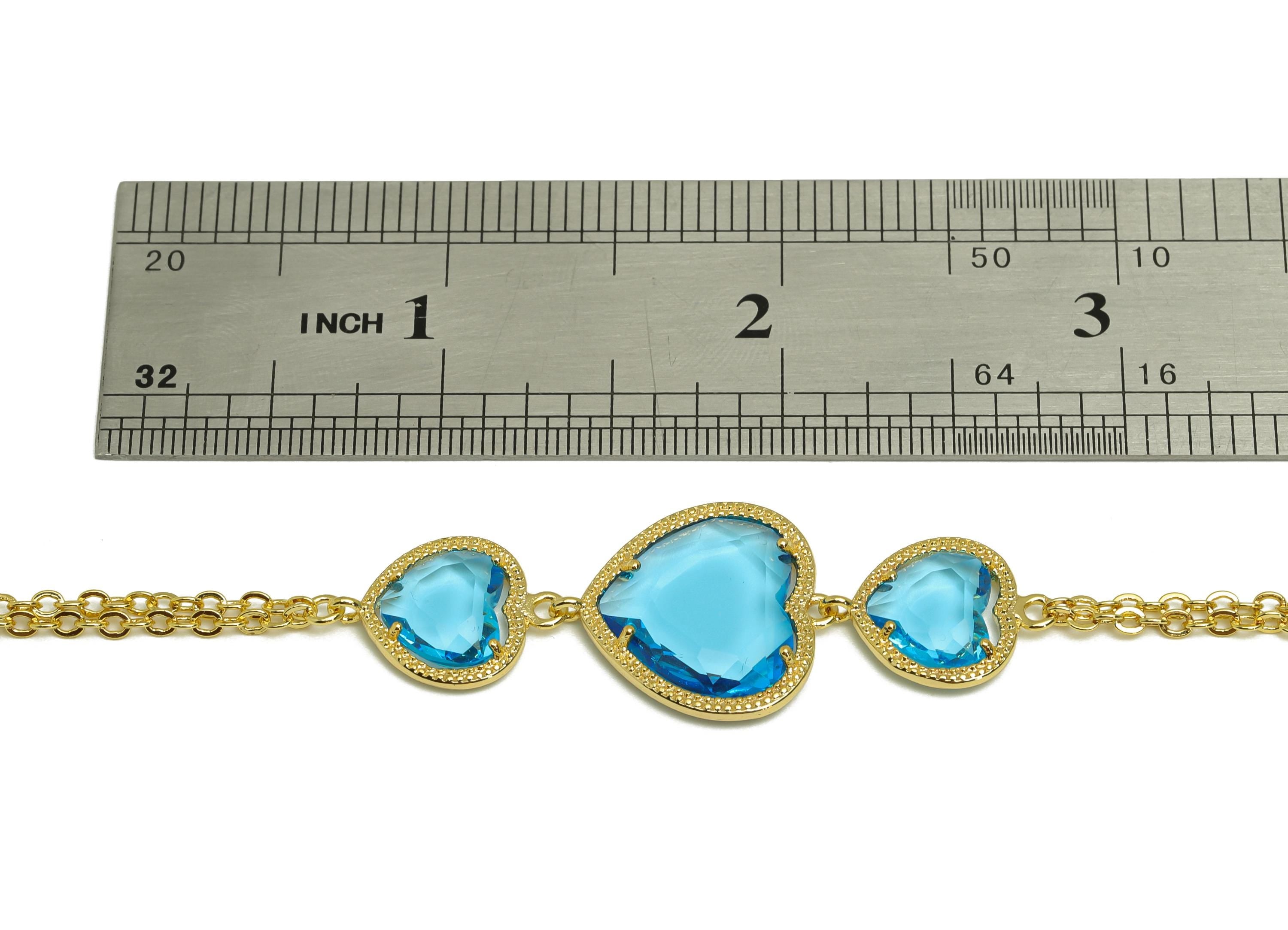 21cm Heart Bracelet - Brass Crystal Blue Heart Bracelet - Brass Cubic Zircon Heart Bracelet - 18K Real Gold Plating - 210x18x3mm - RGP7355B - DOMEDBAZAAR