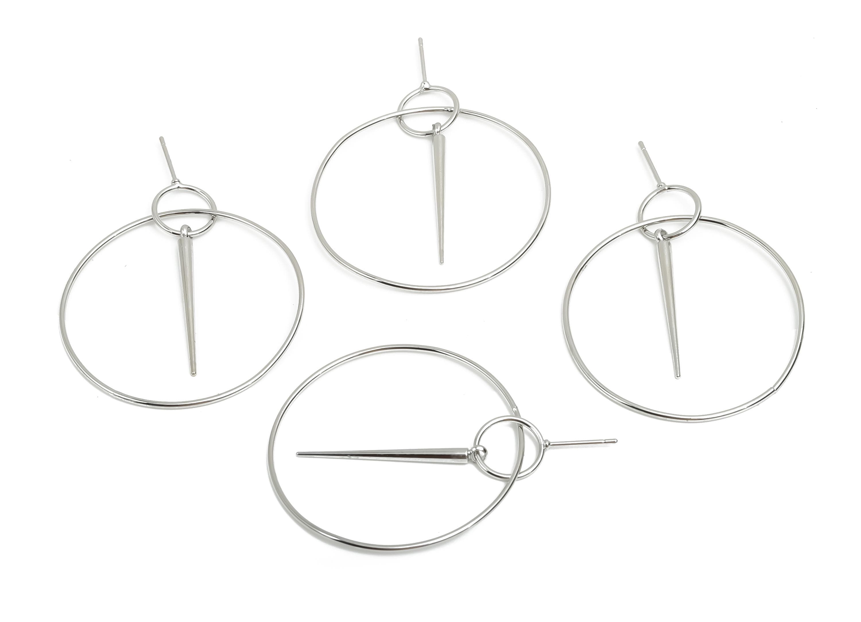 Brass Hoop Dangle Earring Post - Brass Awl Earring Post - Brass Dangle Pin Earring Post - 18K Real White Gold Plating - 48x40x1.1mm- RGP8049 - DOMEDBAZAAR