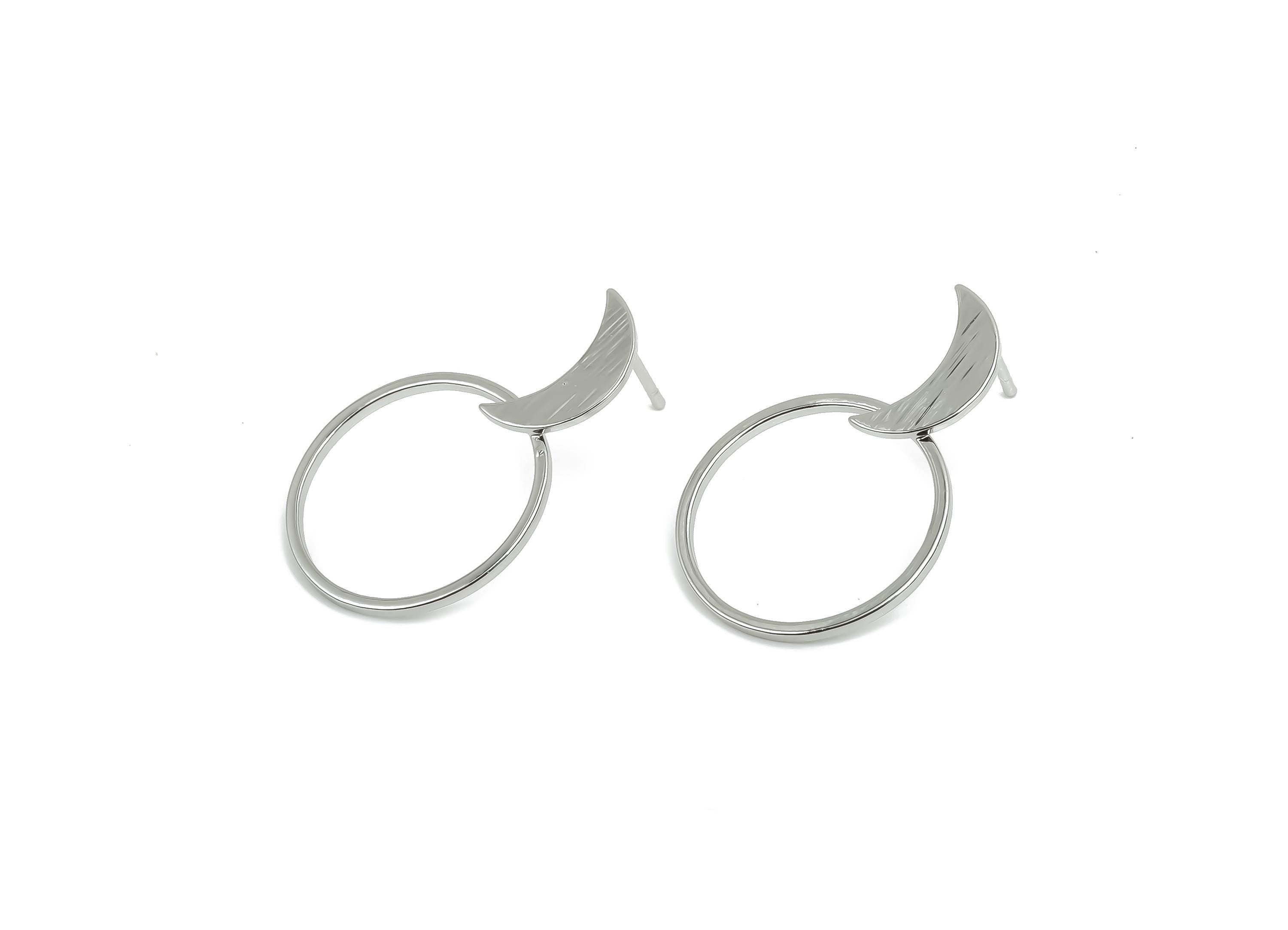 Brass Crescent Earring Post -  Brass Round Earring Post - Brass Moon Earring Post - 18K Real White Gold Plating - 29.61x19.8x0.8mm - RGP8045 - DOMEDBAZAAR