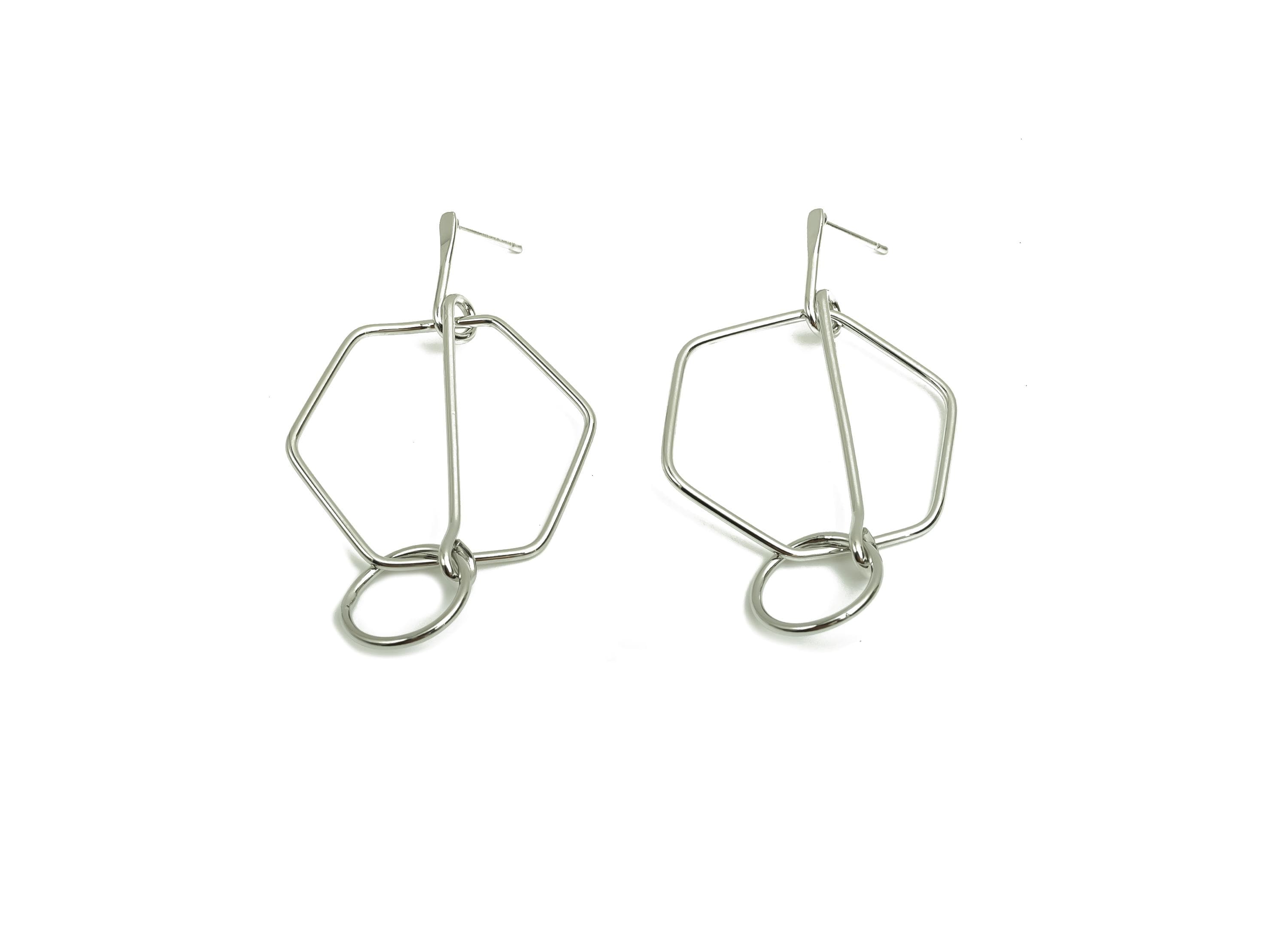 Brass Hammered Earring Post - Brass Dangle Hexagon Earring Stud - Geometry Earring Post  - 18K Real White Gold Plating - 49x29x1mm - RGP8042 - DOMEDBAZAAR