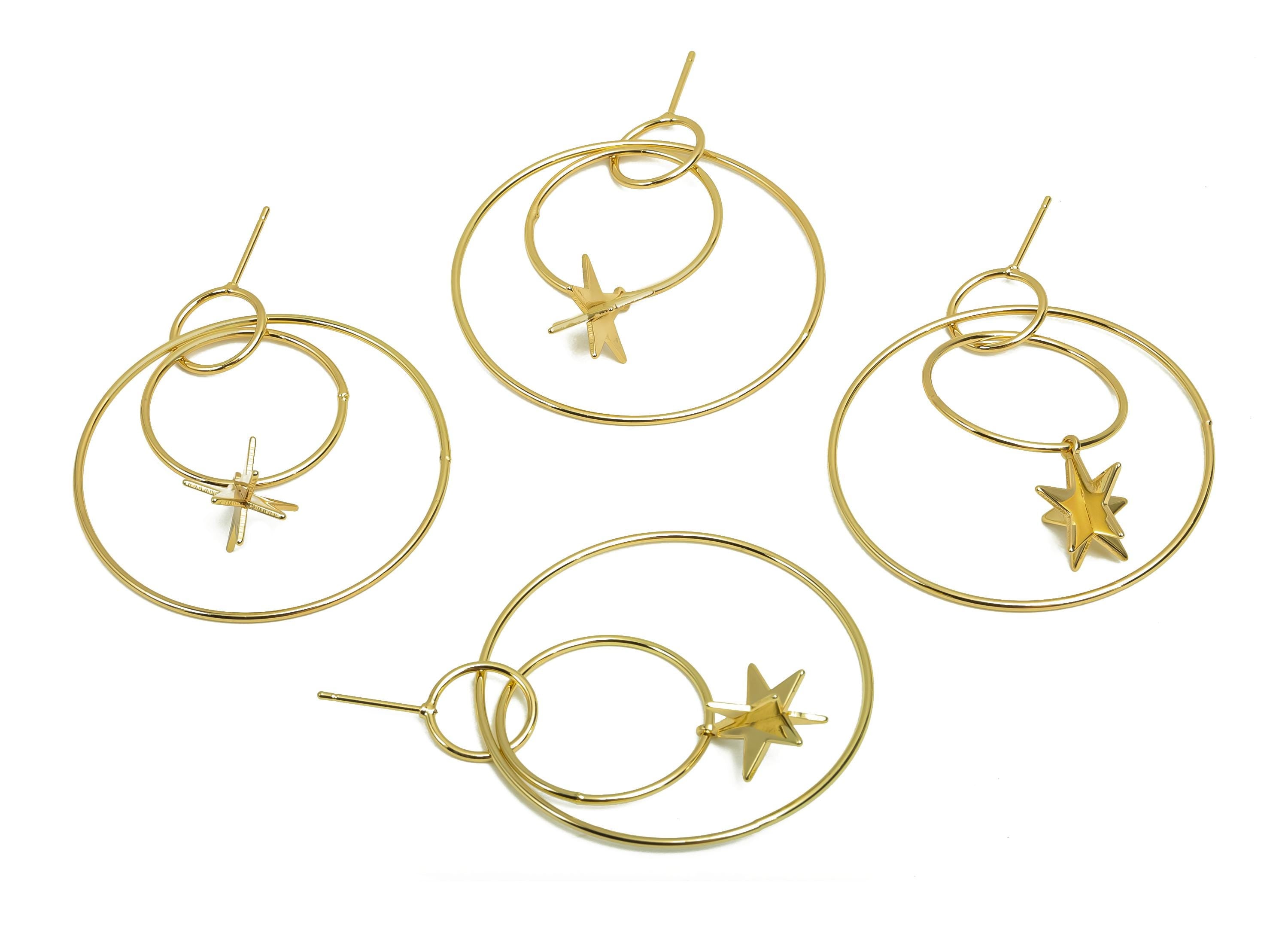 Brass Star Earring Post -  Brass Dangle Earring Post - Brass Round Earring Post - 18K Real Gold Plating - 47.44x39x1.1mm - RGP8032 - DOMEDBAZAAR