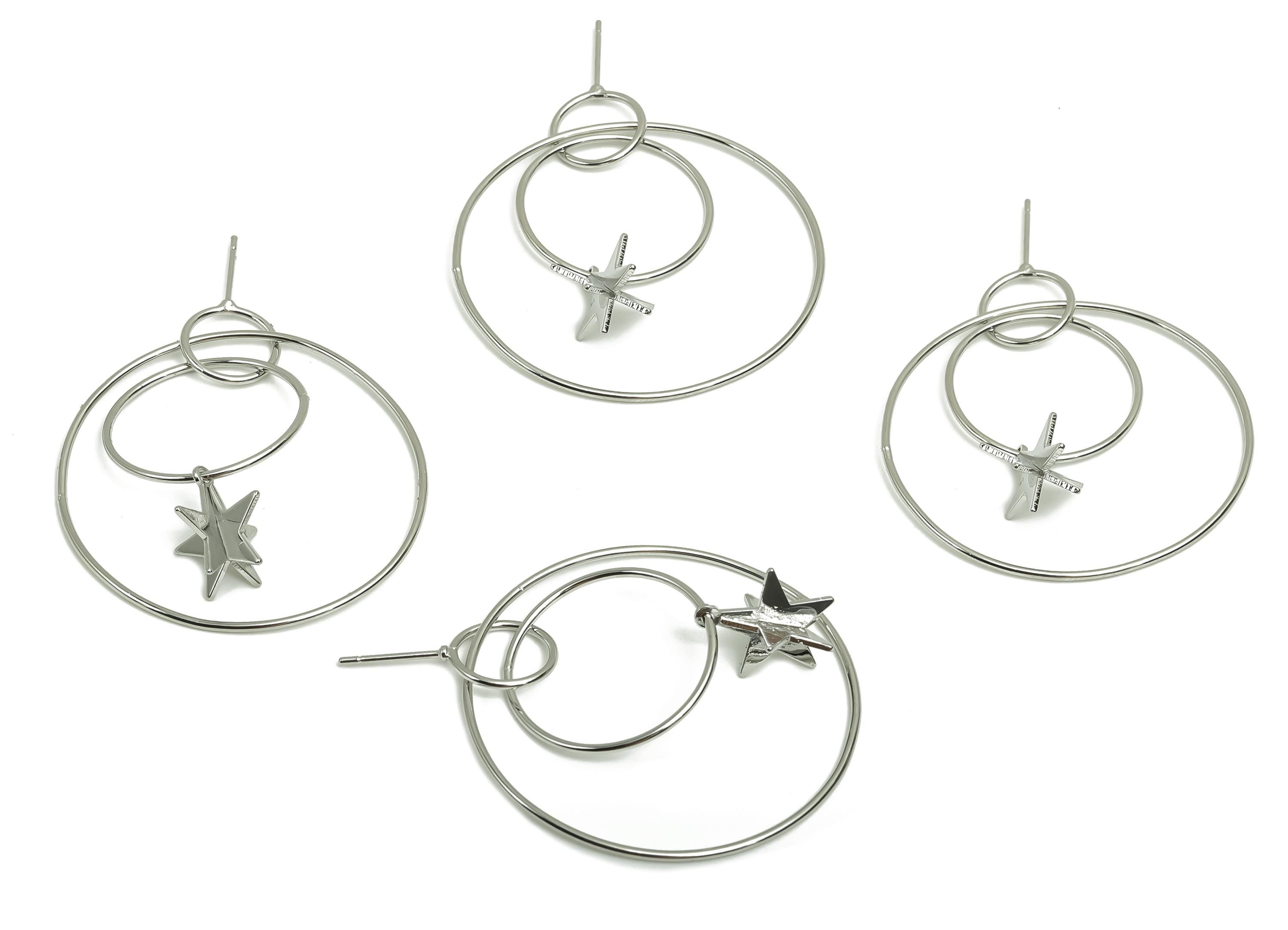 Brass Star Earring Post -  Brass Dangle Earring Post - Brass Round Earring Post - 18K Real White Gold Plating - 47.44x39x1.1mm - RGP8044 - DOMEDBAZAAR
