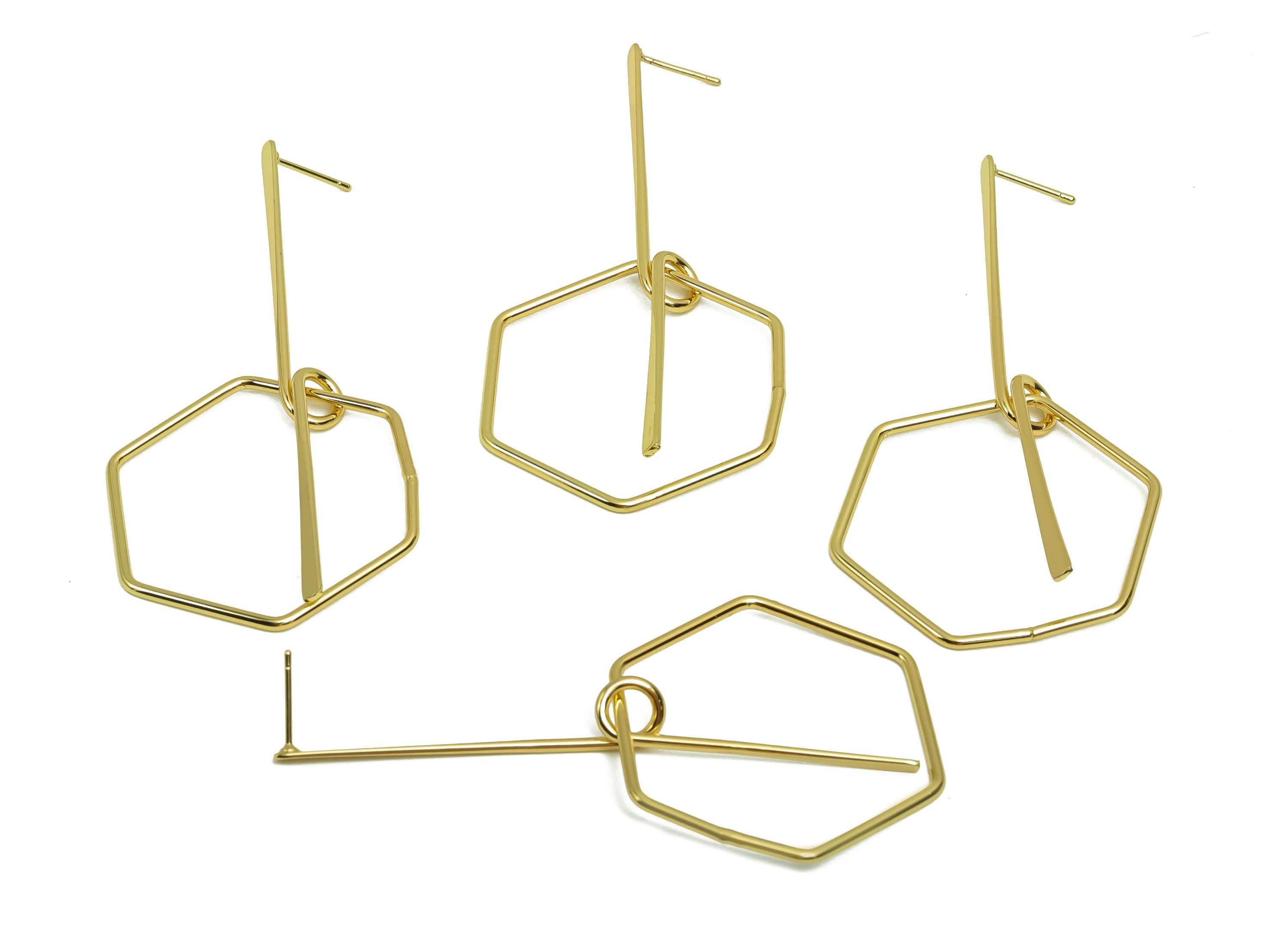 Brass Hammered Earring Post -  Brass Hexagon Earring Post - Brass Dangle Earring Post - 18K Real Gold Plating - 78.5x35x0.93mm - RGP8029 - DOMEDBAZAAR