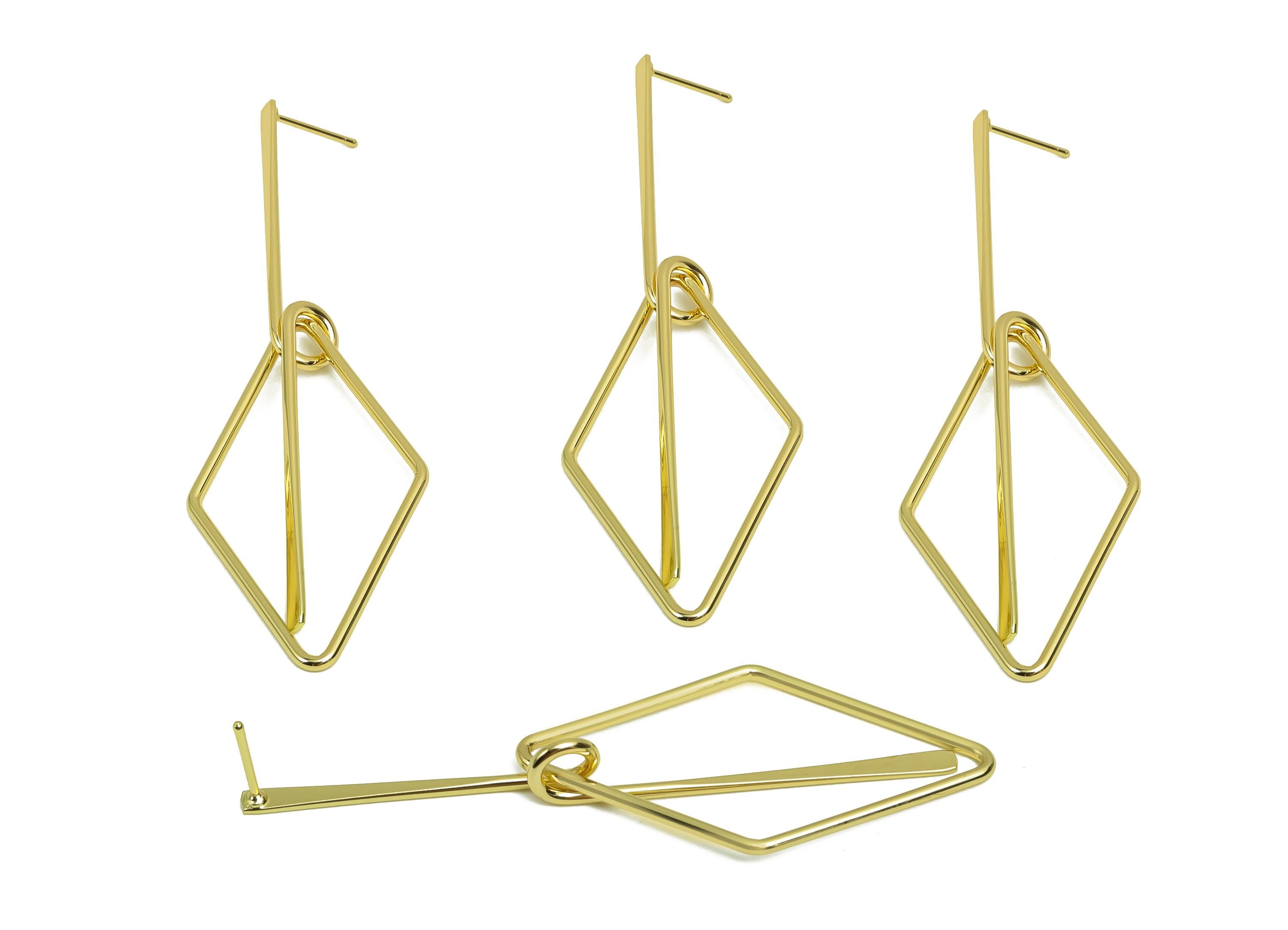 Brass Hammered Earring Post -  Brass Diamond Earring Post - Brass Rhombic Earring Post - 18K Real Gold Plating - 81x24x0.7mm - RGP8026 - DOMEDBAZAAR