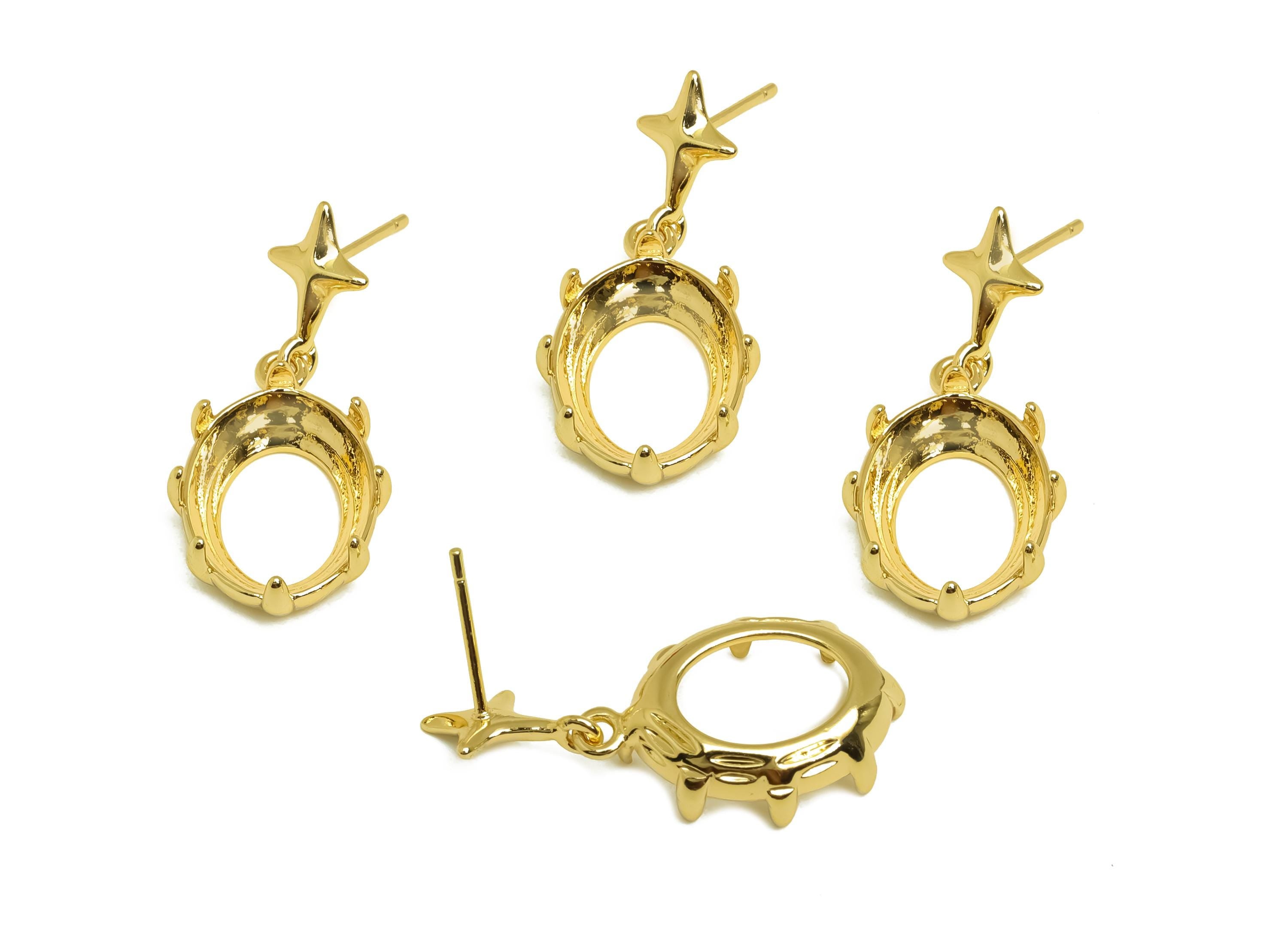 Brass Dangle Earring Setting - Star Oval Hanging Earring Post - Gold Oval Earring Setting - 18K Real Gold Plated - 29x13.69x1.23mm - RGP7931 - DOMEDBAZAAR