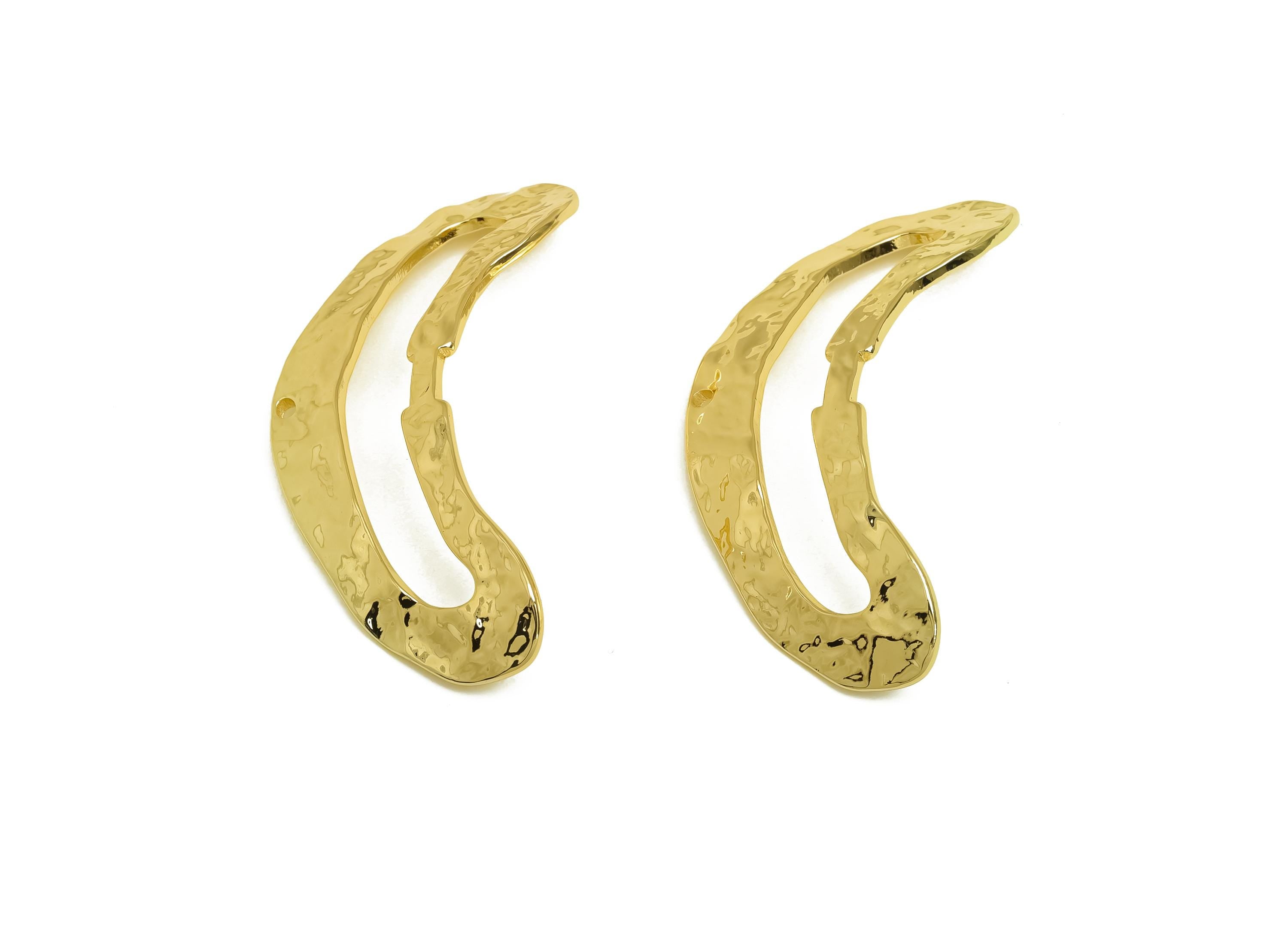 Brass Moon Earring Charm - Gold Curved Crescent Earring Charm - Hammered Curved Pendant - 18K Real Gold Plating -49.17x19.52x1.65mm- RGP7938 - DOMEDBAZAAR