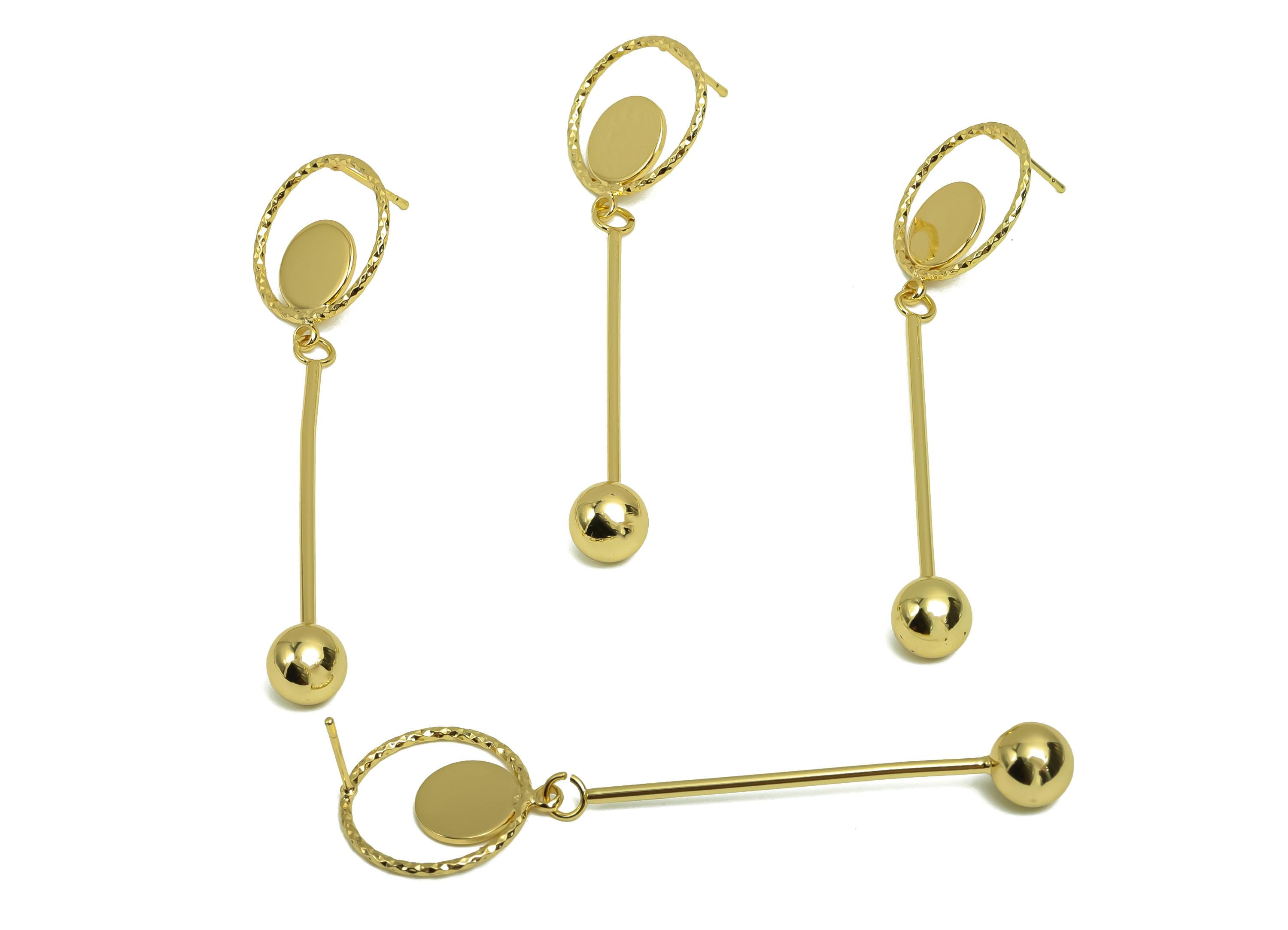 Brass Ball Dangle Wire Earring Post - Brass Textured Stick Earring Post -  Ball Earring Post  - 18K Real Gold Plating - 70x17x1mm - RGP8027 - DOMEDBAZAAR