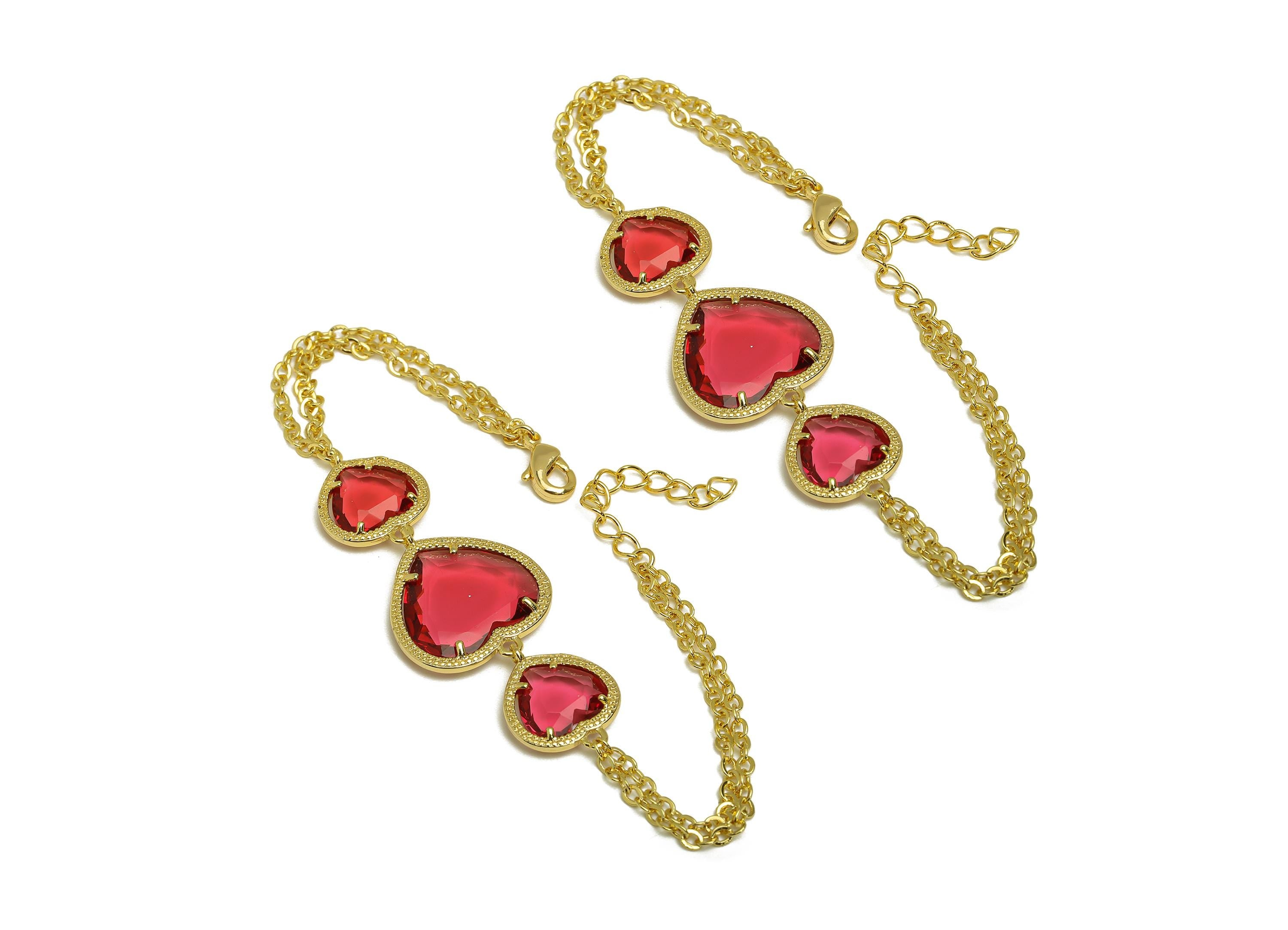 21cm Heart Bracelet - Brass Crystal Red Heart Bracelet - Brass Cubic Zircon Heart Bracelet - 18K Real Gold Plating - 210x18x3mm - RGP7355J - DOMEDBAZAAR
