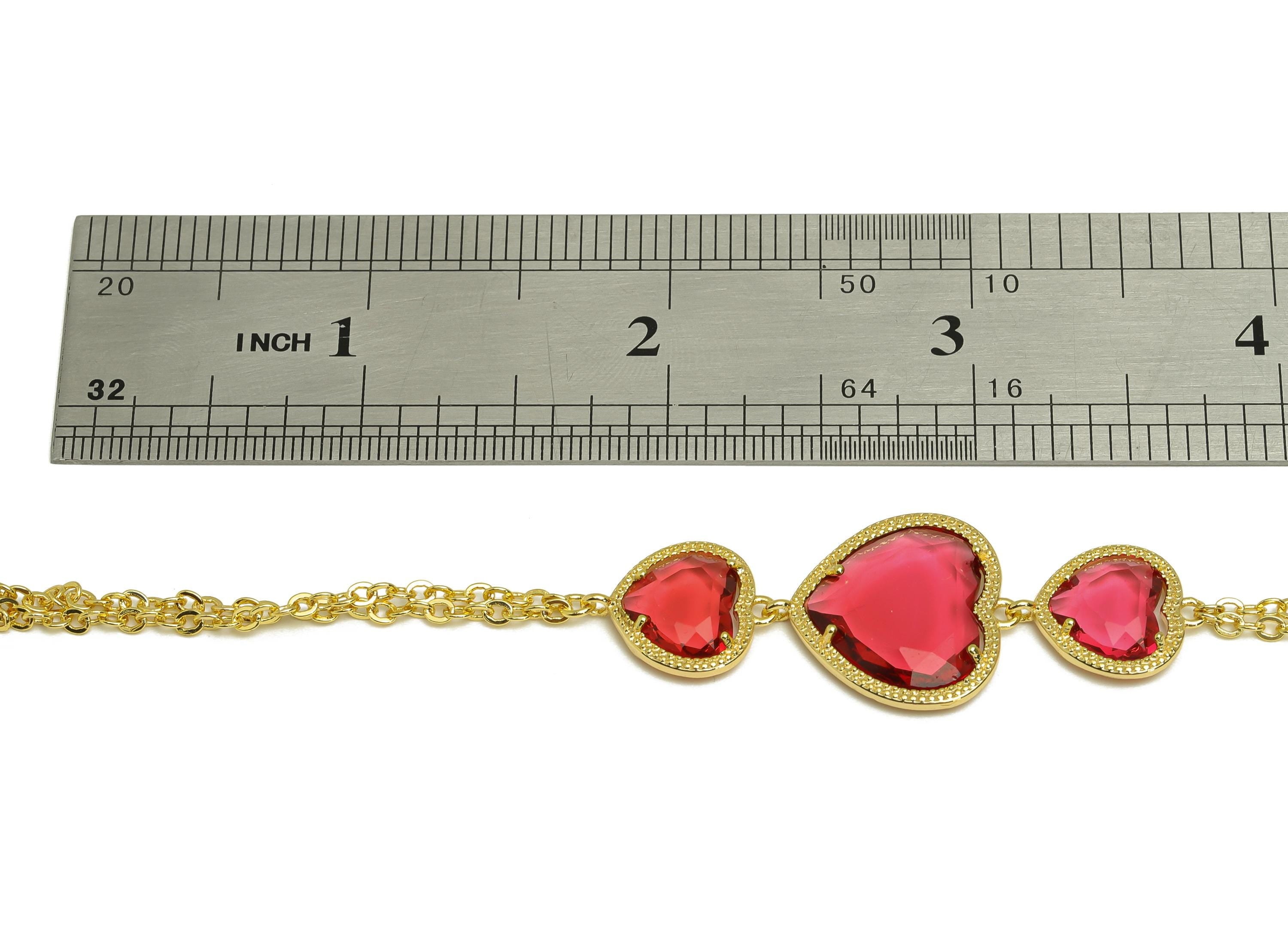 21cm Heart Bracelet - Brass Crystal Red Heart Bracelet - Brass Cubic Zircon Heart Bracelet - 18K Real Gold Plating - 210x18x3mm - RGP7355J - DOMEDBAZAAR