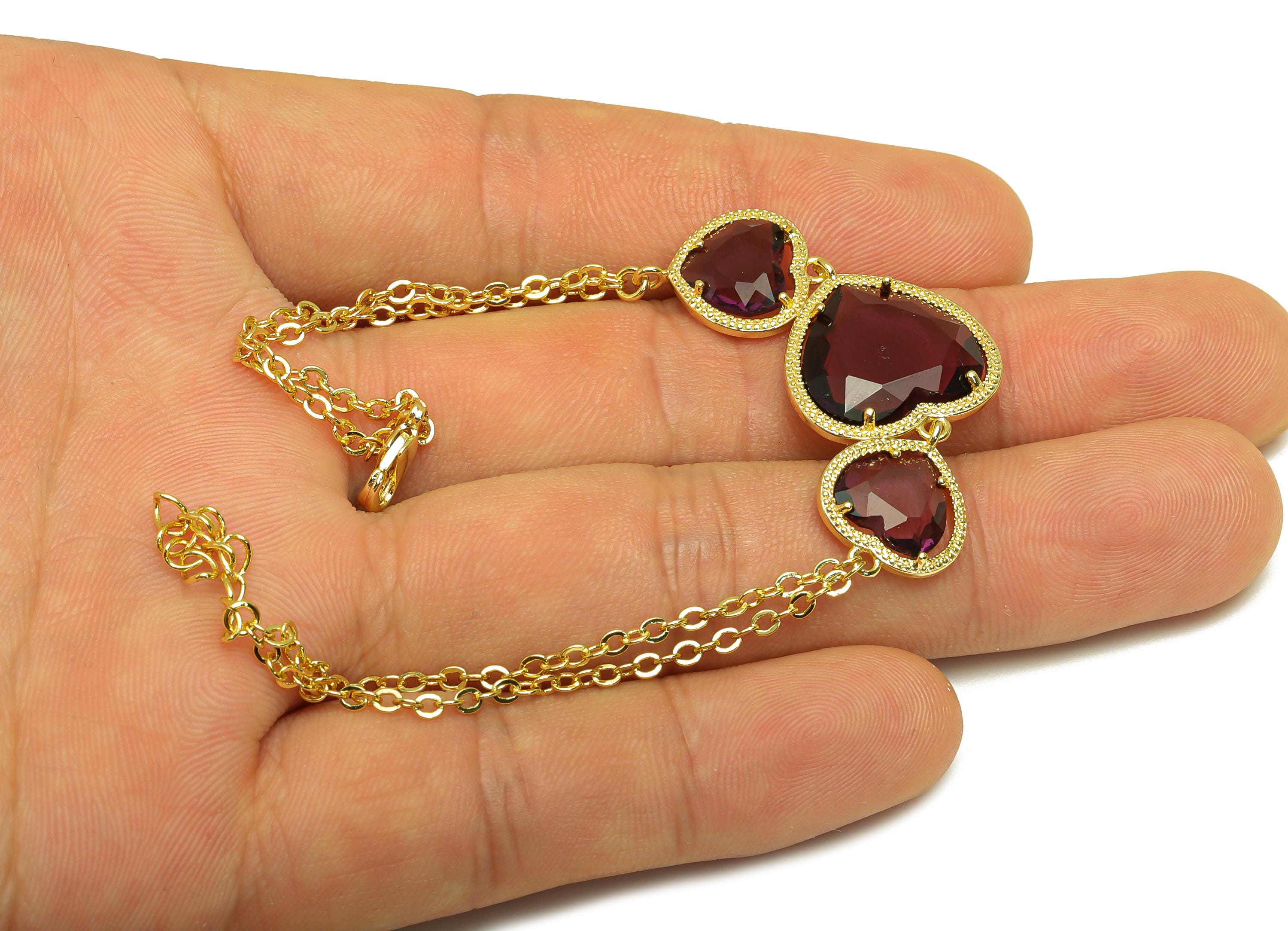 21cm Heart Bracelet - Brass Crystal Red Heart Bracelet - Brass Cubic Zircon Heart Bracelet - 18K Real Gold Plating - 210x18x3mm - RGP7355D - DOMEDBAZAAR