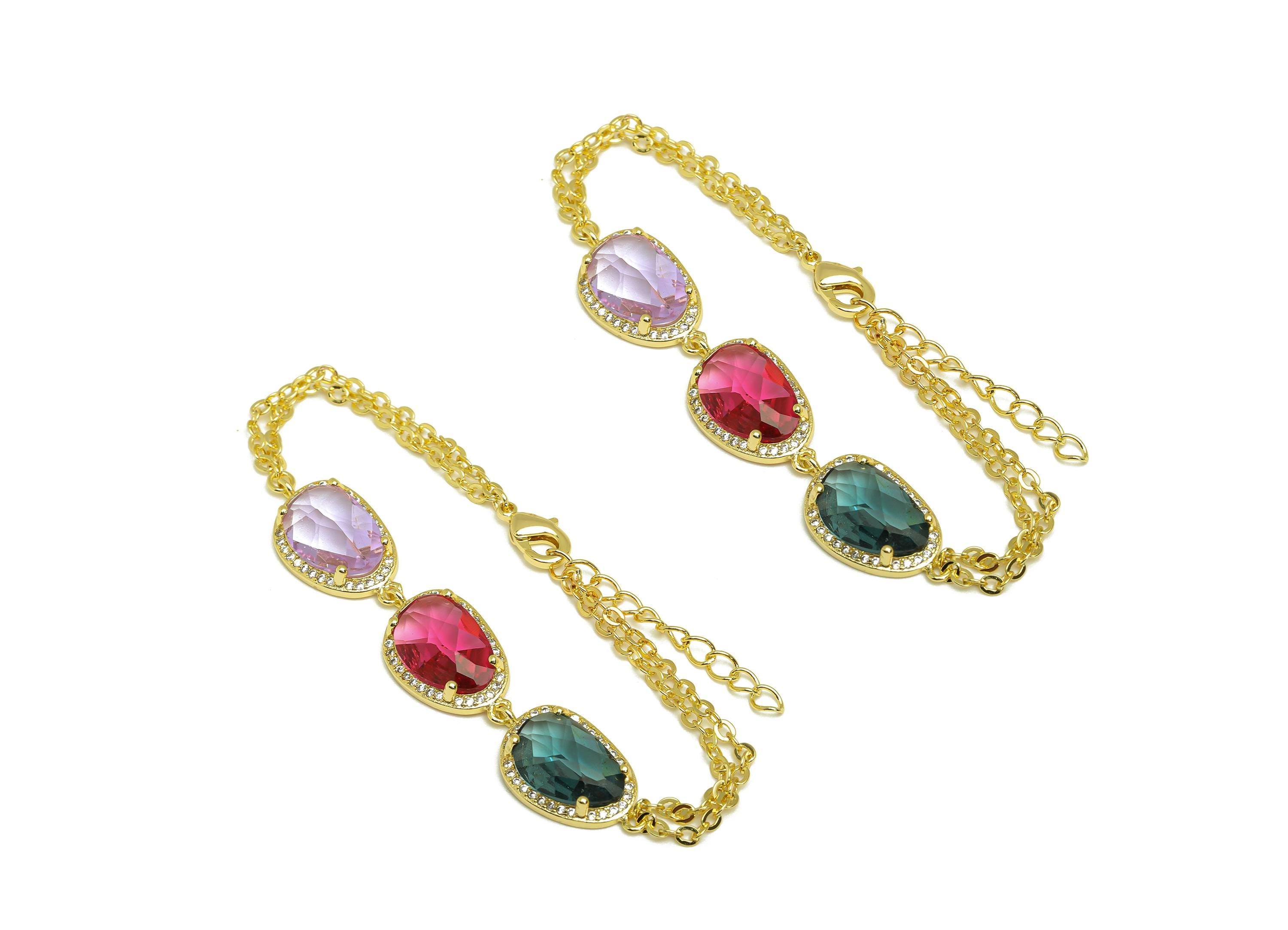 20cm CZ Geometry Bracelet - Brass Purple Bracelet - Brass Cubic Zircon Pink Bracelet - 18K Real Gold Plating - 200x11.03x1.72mm - RGP7355H - DOMEDBAZAAR