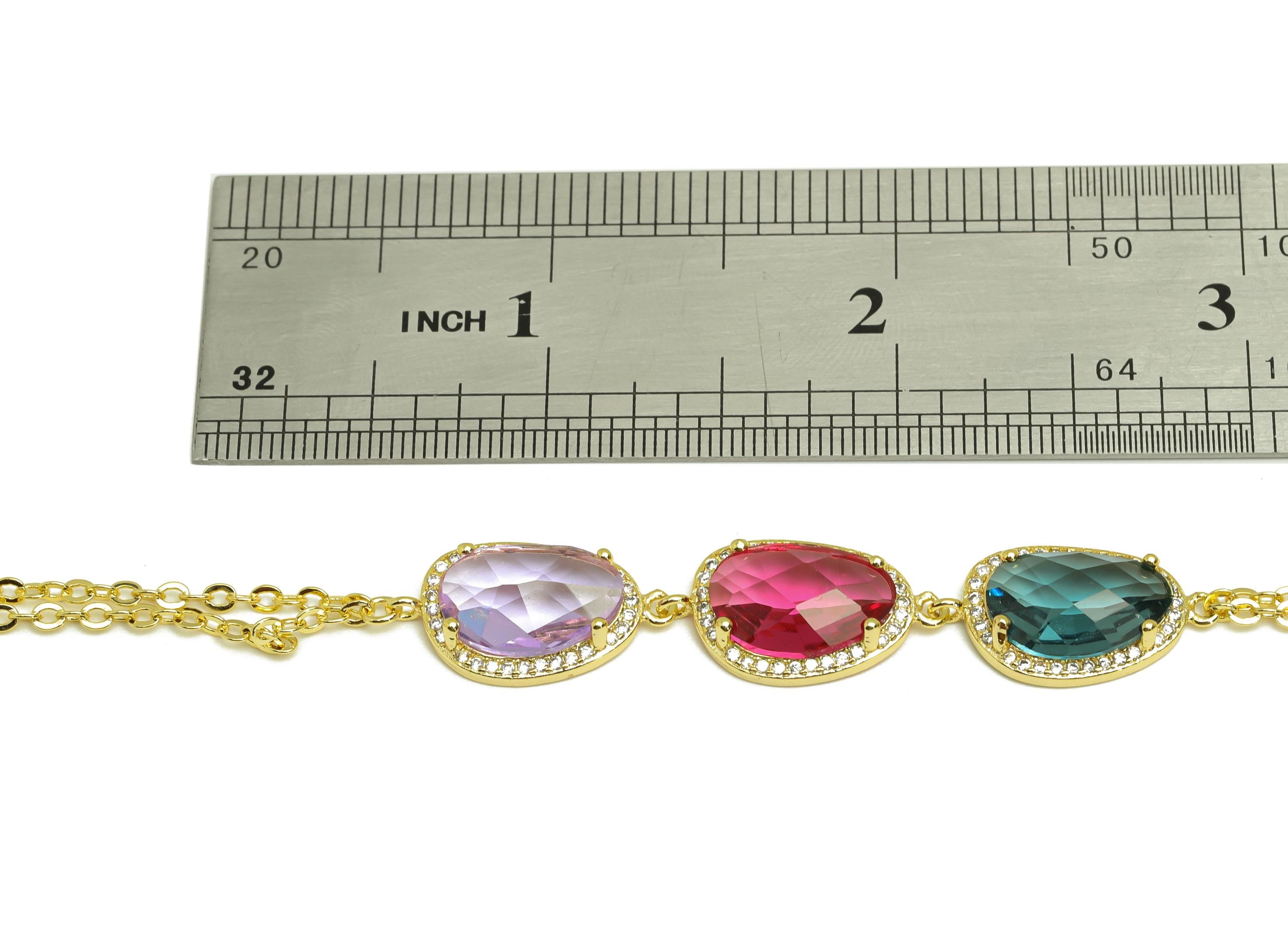 20cm CZ Geometry Bracelet - Brass Purple Bracelet - Brass Cubic Zircon Pink Bracelet - 18K Real Gold Plating - 200x11.03x1.72mm - RGP7355H - DOMEDBAZAAR