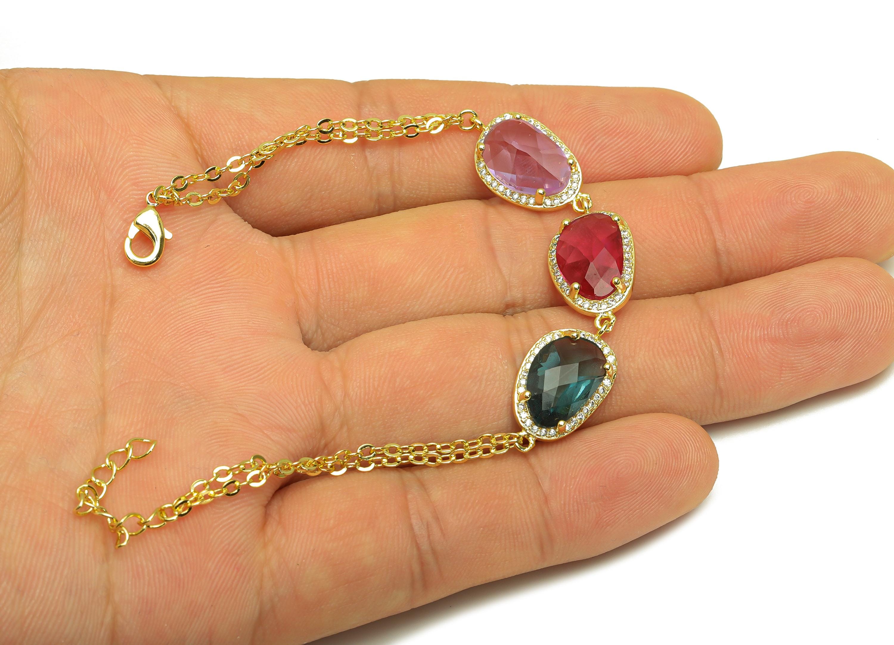 20cm CZ Geometry Bracelet - Brass Purple Bracelet - Brass Cubic Zircon Pink Bracelet - 18K Real Gold Plating - 200x11.03x1.72mm - RGP7355H - DOMEDBAZAAR