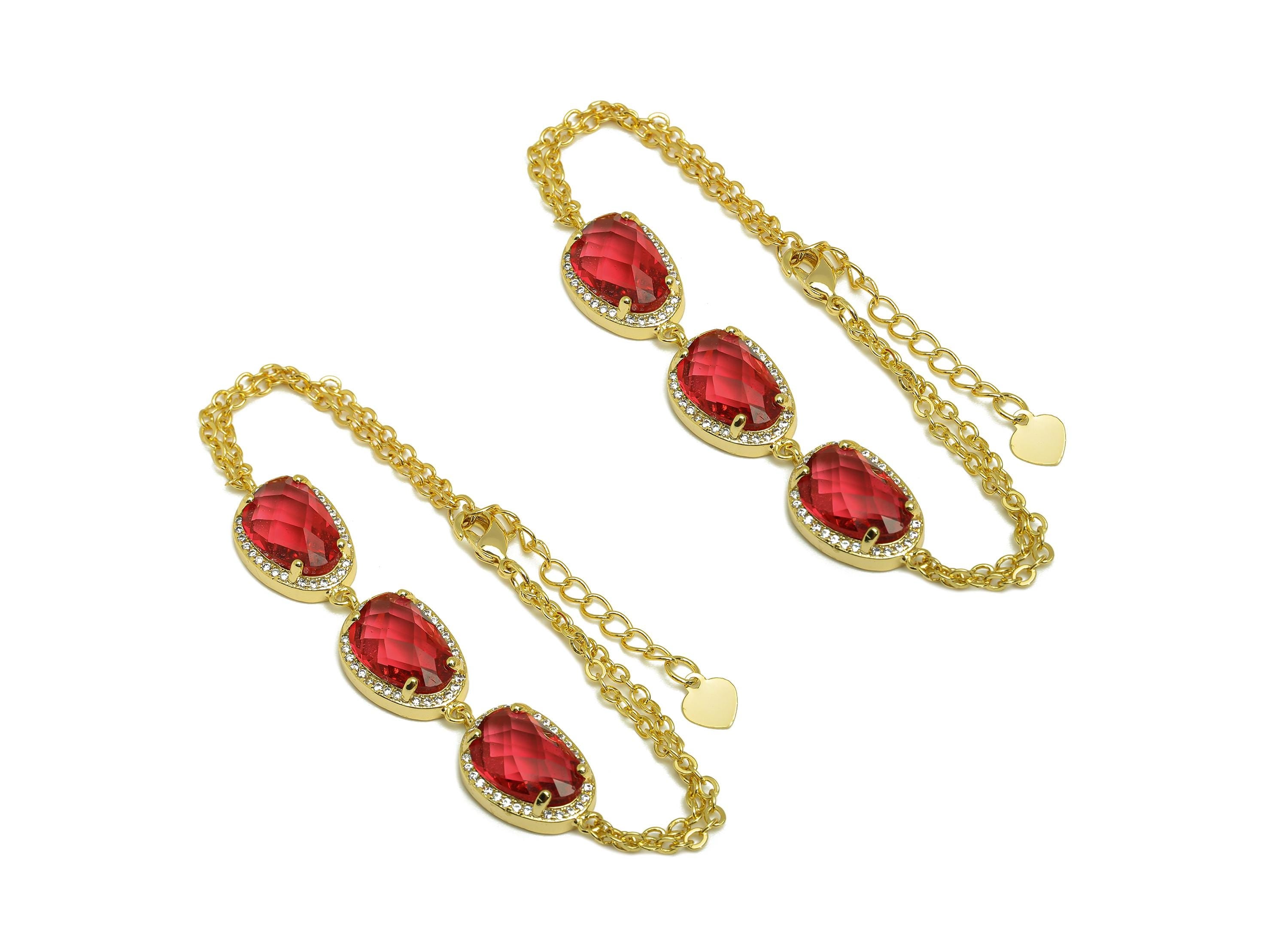 20cm CZ Geometry Bracelet - Brass Red Bracelet - Brass Cubic Zircon Bracelet - 18K Real Gold Plating - 200x11.03x1.72mm - RGP7355H - DOMEDBAZAAR