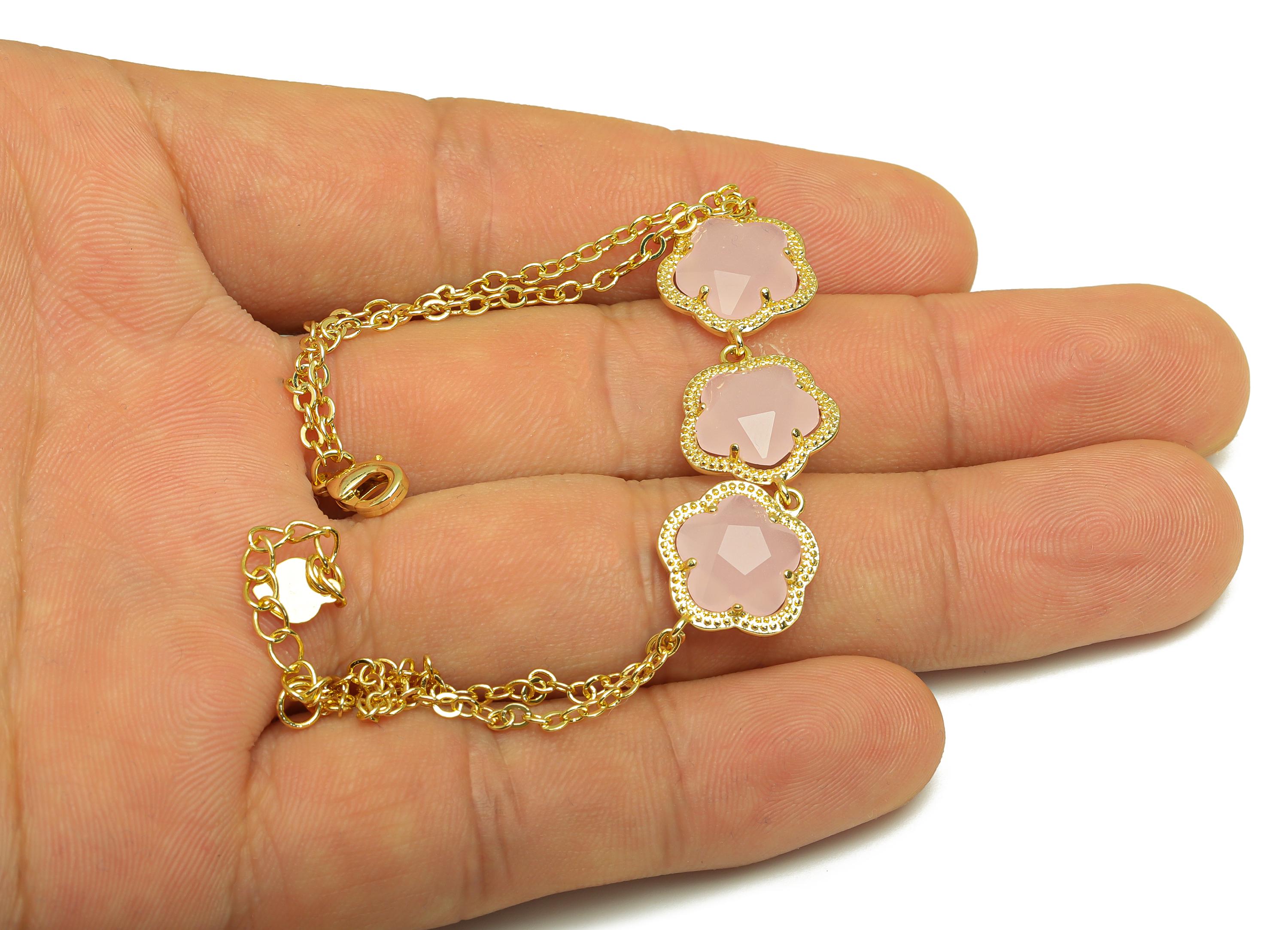 25cm CZ Flower Bracelet - Brass Pink Bracelet - Brass Cubic Zircon Pink Flower Bracelet - 18K Real Gold Plating - 200x11.03x1.72mm - RGP7353 - DOMEDBAZAAR