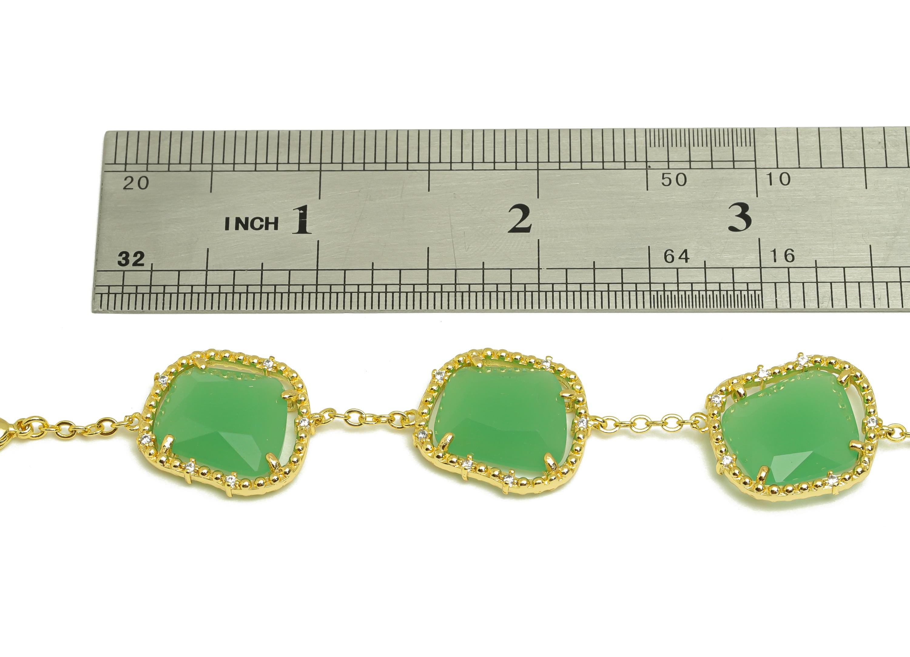 23cm CZ Geometry Bracelet - Brass Green Bracelet - Brass Cubic Zircon Pink Bracelet - 18K Real Gold Plating - 200x11.03x1.72mm - RGP7354 - DOMEDBAZAAR