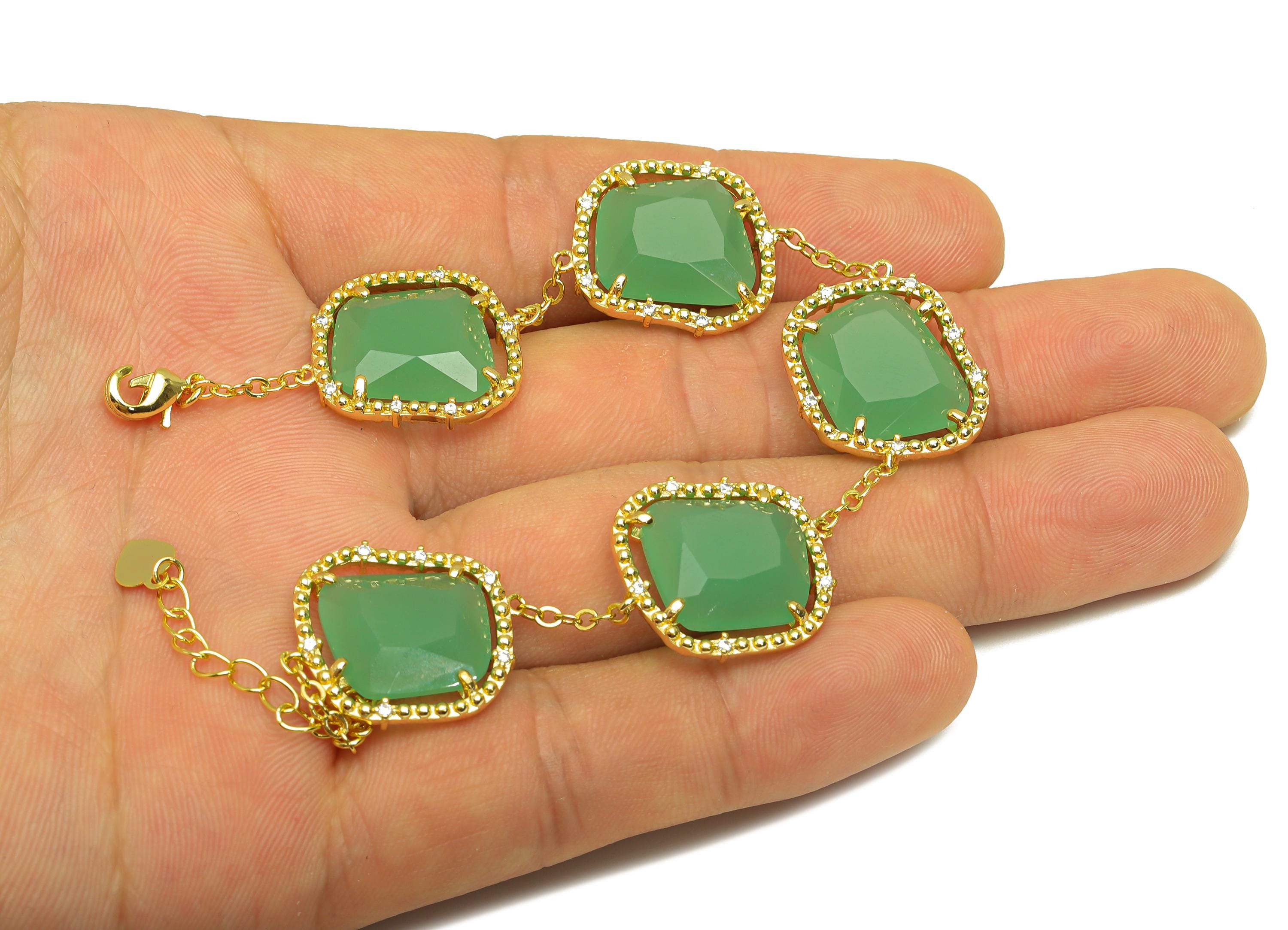 23cm CZ Geometry Bracelet - Brass Green Bracelet - Brass Cubic Zircon Pink Bracelet - 18K Real Gold Plating - 200x11.03x1.72mm - RGP7354 - DOMEDBAZAAR