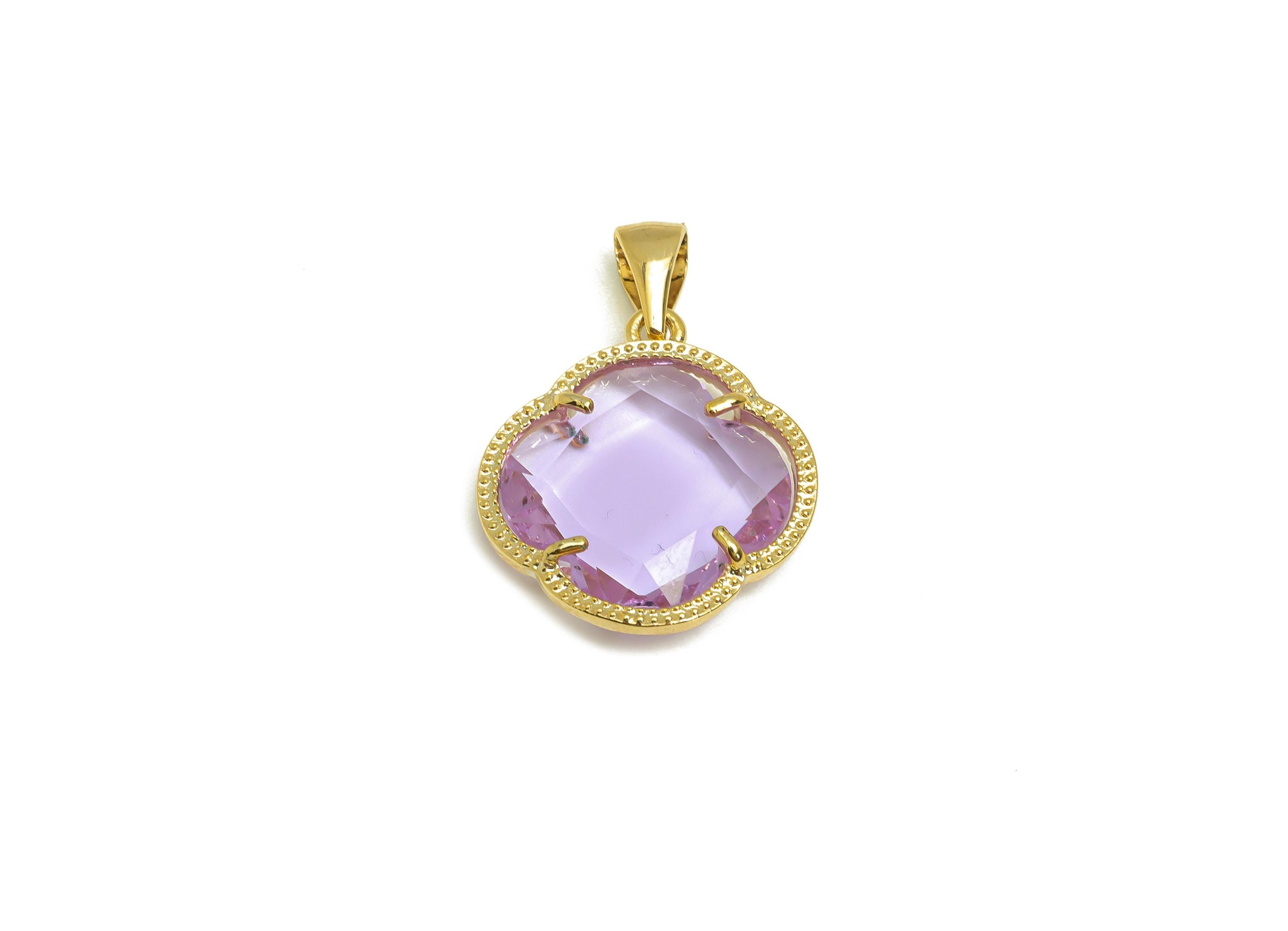 Brass CZ Flower Set - Brass Purple Flower Pendant - Brass Cubic Zircon Earring Post - 18K Real Gold Plating - 27.44x18.95x4.2mm - RGP7347A - DOMEDBAZAAR