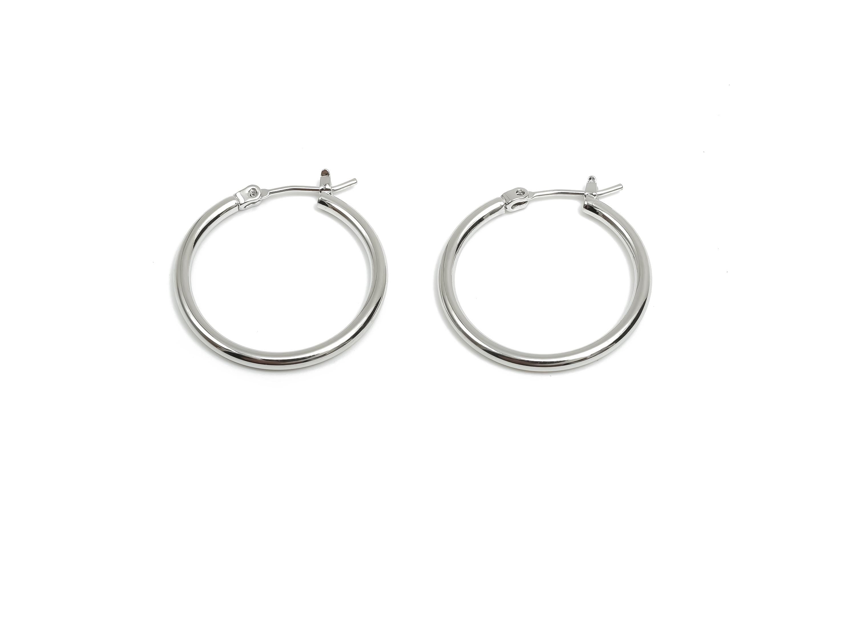 25mm Round Wire Hoop Earring - Brass Hinged Back Earring - Hinged Back Earring - 18K Real White Gold Plating - 24x24x2mm - RGP8103-25 - DOMEDBAZAAR