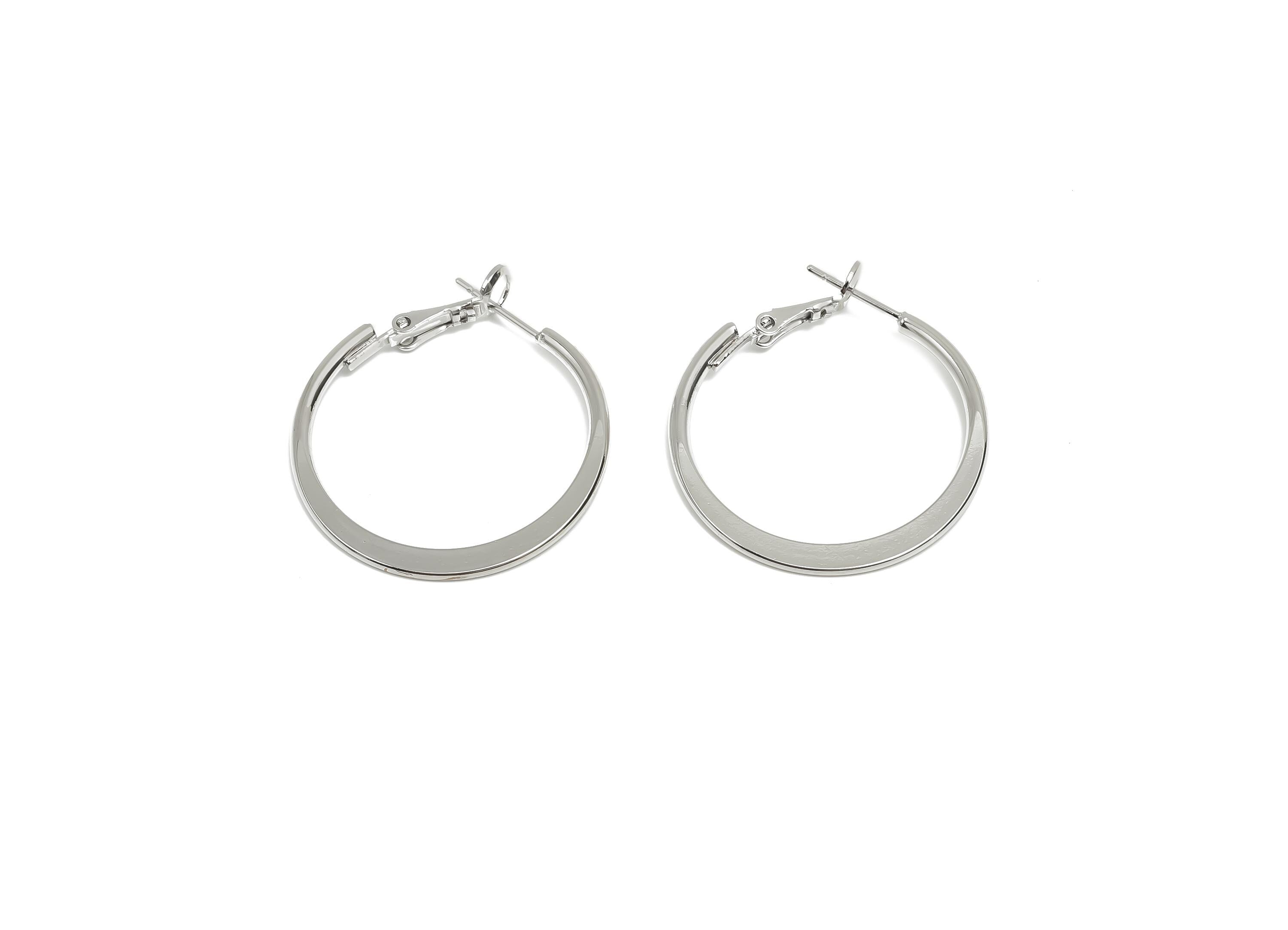30mm Round Hoop Earring - Brass Hammered Hoop Clasp Earring - Brass Clasp Back Earring - 18K Real White Gold Plating - 29x29x1mm- RGP8104-30 - DOMEDBAZAAR
